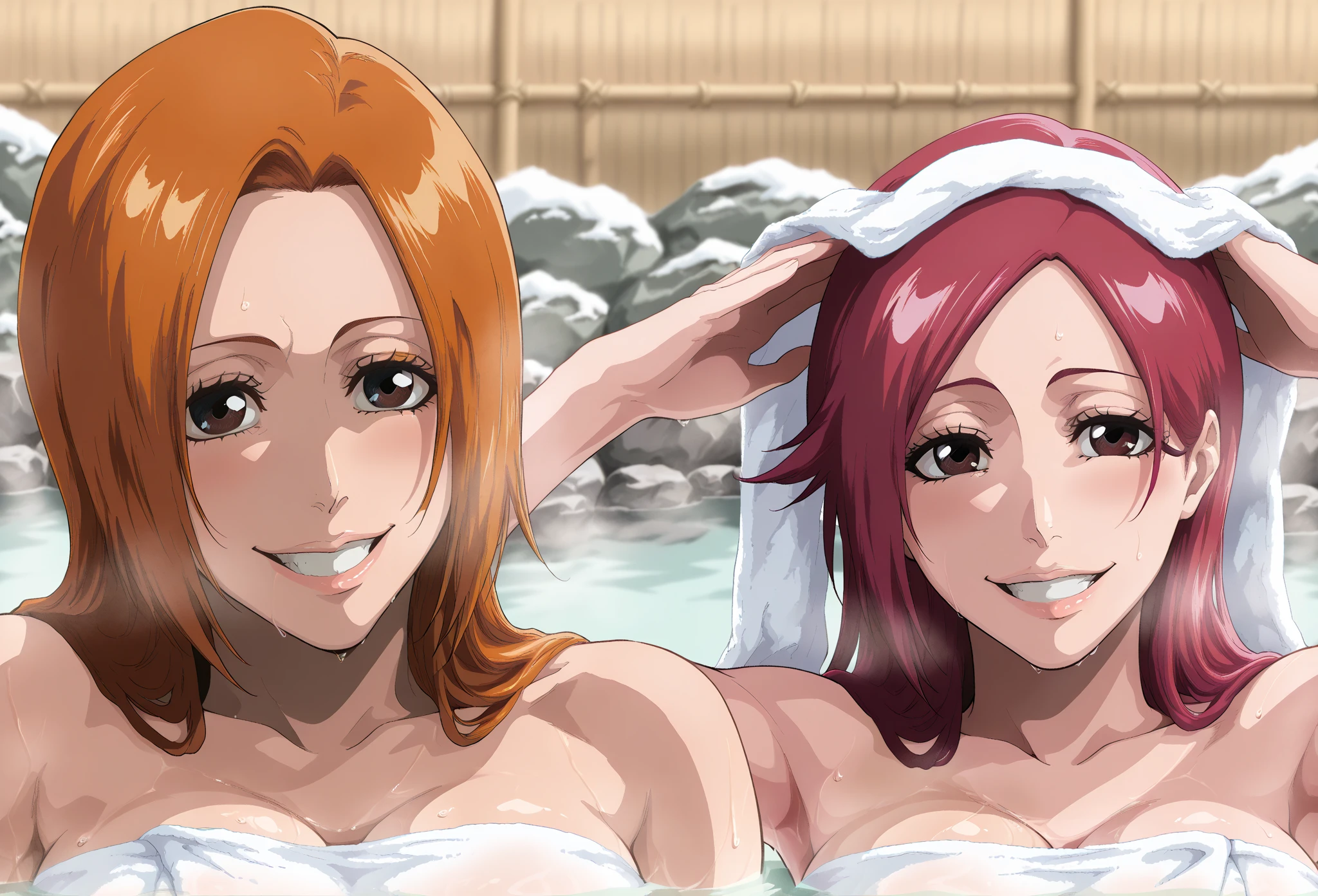 masterpiece, best quality, amazing quality, 2girl, (orihime, bleach, long orange hair brown eyes ), (Riruka, bleach , magenta eyes , red hair), long hair, white towel, very happy smile, close up shot, simple background, medium size , golden ratio face, lesbian, sexy pose, breathing effect, breathing heavily, onsen background, lesbian ,lesbian, 2 girls next to each other, full-body -view ,