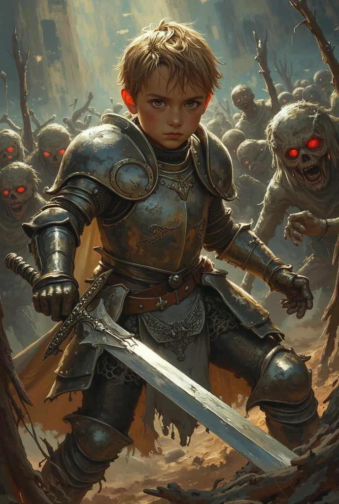 a painting of a boy in armor holding a sword in front of a group of zombies, by Dave Dorman, adrian smith fantasy art, marc _ simonetti, andreas rocha and john howe, by Marc Simonetti, art style of marc simonetti, marc simonetti. intricate, craig mullins dappled lighting, style of marc simonetti