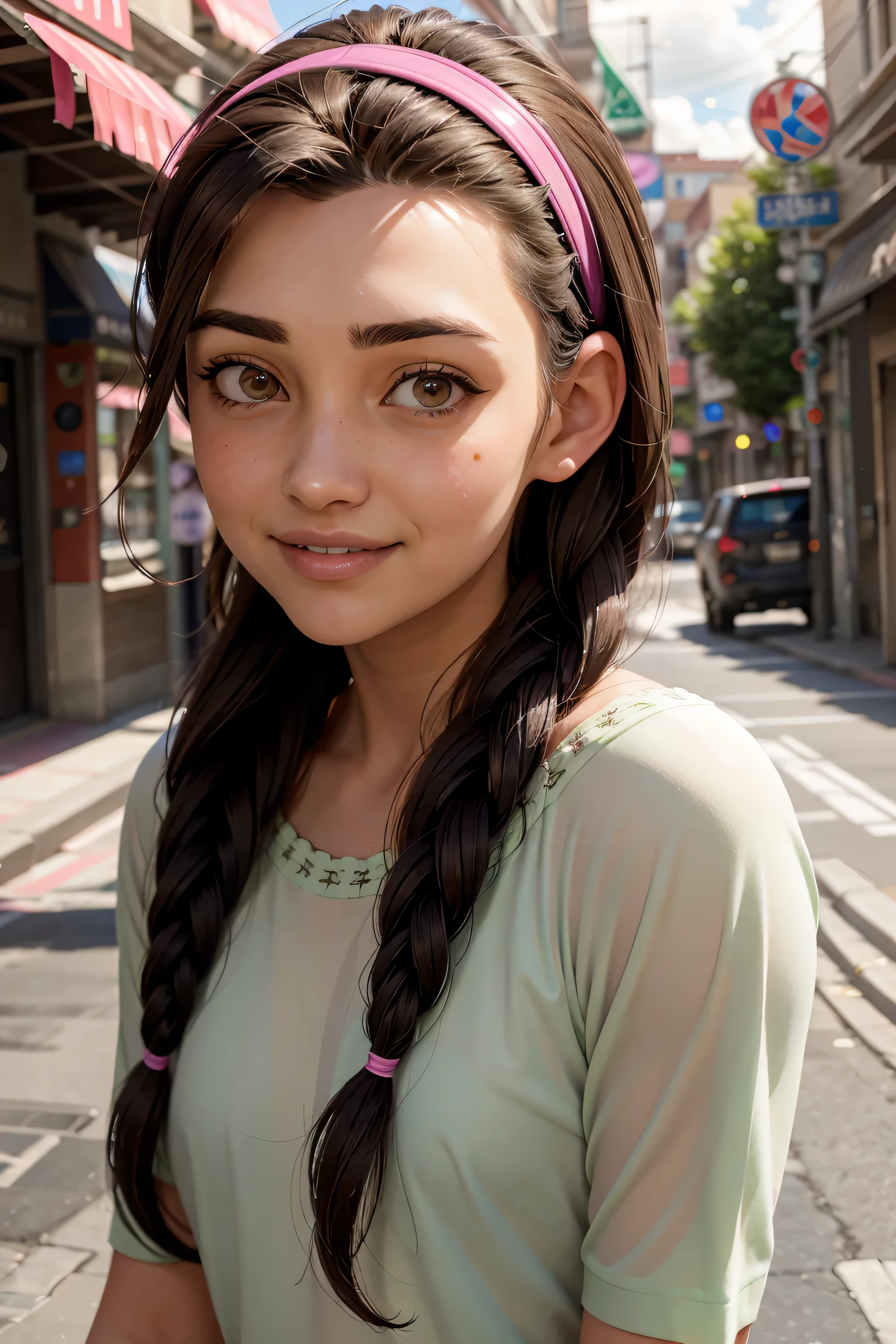 An impressive and intricate full color portrait, Ultra-HD a girl, brown hair with 2 braids, brown eyes, pink headband, detailed face, dressed in a light green t-shirt with embroidery on the neck, no logos, epic character composition, alessio albi, nina masic, sharp focus, natural lighting, subsurface dispersion, on a date, happy smile, rain, cloudy.