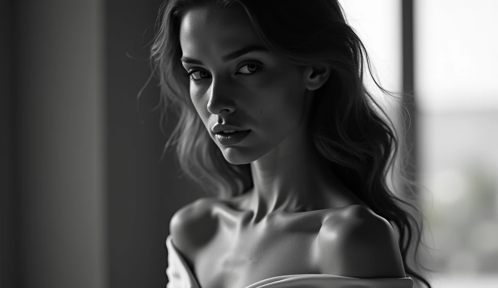 "An artistic portrait in black and white, using a wide angle, of a young woman with a natural and sincere appearance. The composition captures his figure up close, emphasizing the texture and volume of your face and body.

The lighting is soft and enveloping, creating shadows and contrasts that accentuate the facial features and penetrating gaze of the model. His expression reflects a serene introspection, conveying a feeling of intimacy and authenticity.

The use of wide angle slightly distorts the proportions, accentuating the imposing presence and strength of the female figure. The result is a powerful and evocative image., that invites the observer to connect deeply with the essence of the model."