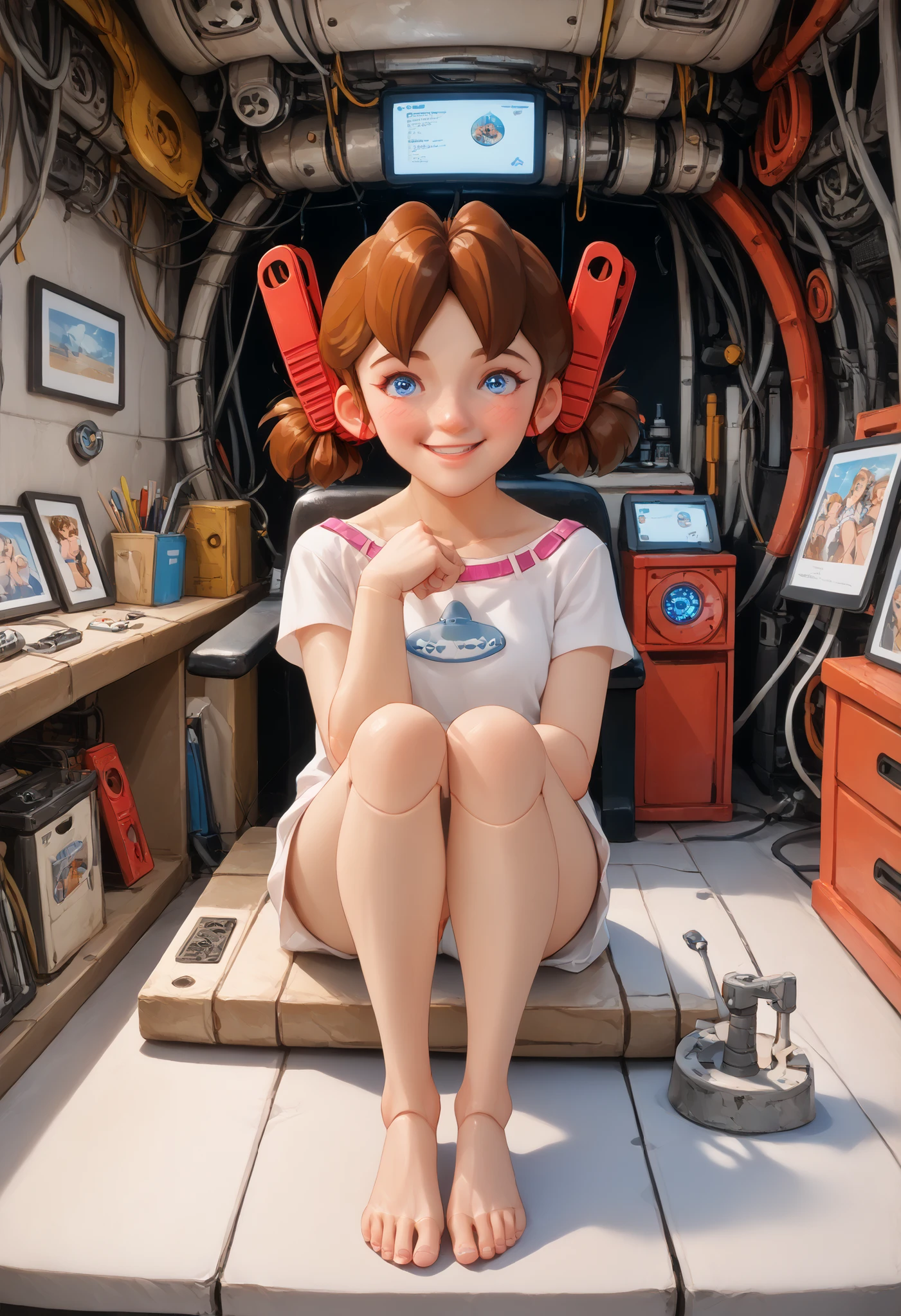 A mechanical mature lady is very short pigtails, brown hair, Hair tie with two red big red clothespins, android, blue eyes, flushed cheeks, anime picture, full body figure. She wares only white underwear. She feels heavy ecstasy and she laughs. angle from front view. she is sitting on her husband robot.