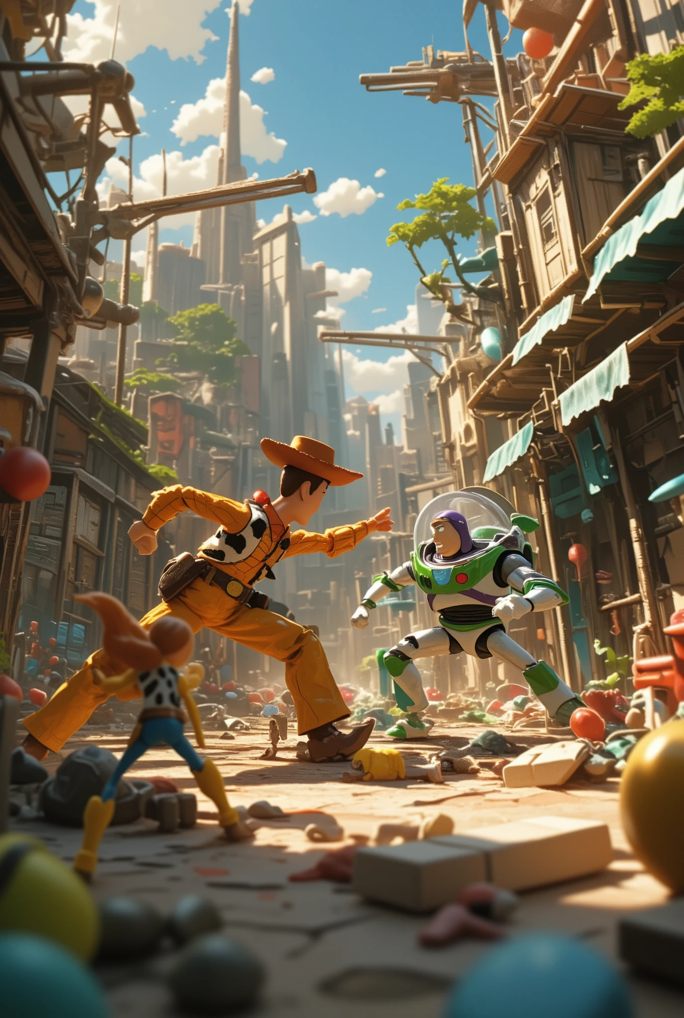 masterpiece, Best Quality, details, ミクロワールド, disney anime movie, Toy stories, buzz, woody, micro toy figthers, battle with 