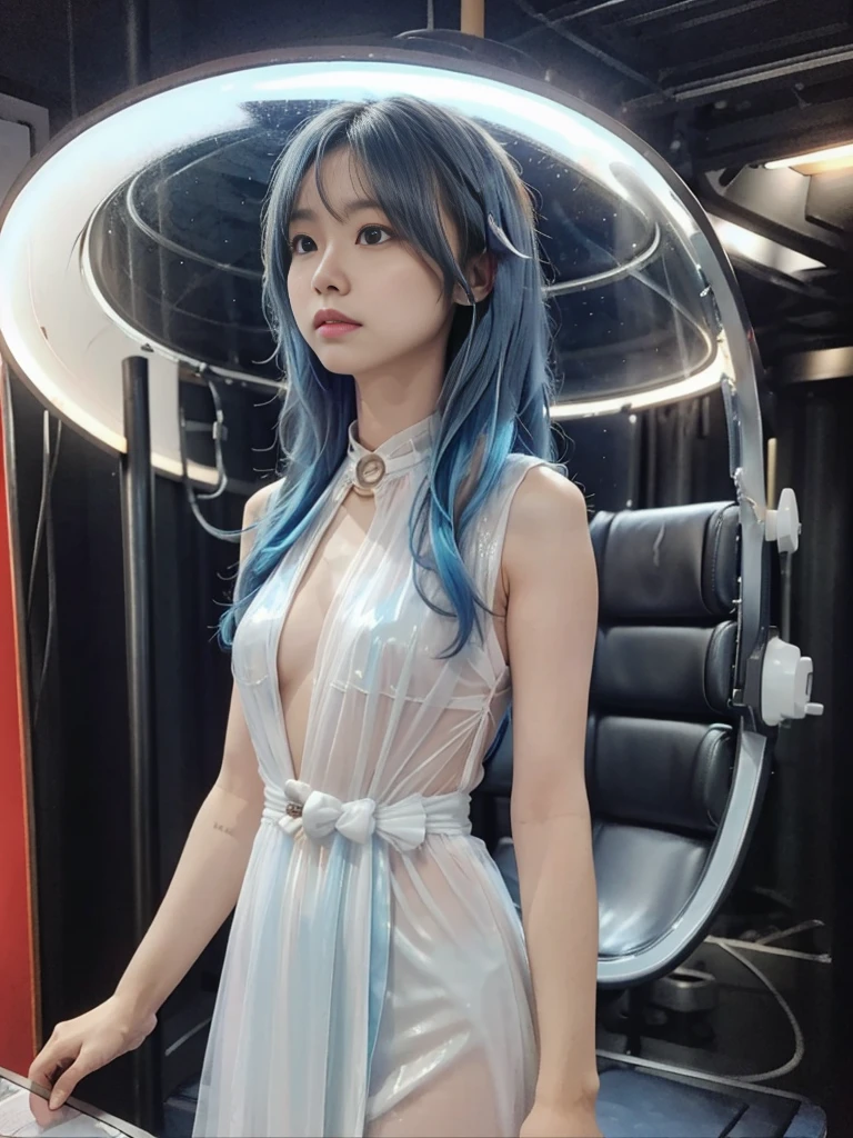 Girl with long blue hair, braided in two ponytails., well-proportioned, Beautiful figure, in a luminous white dress with blue accents, sitting on a chair in a room with a futuristic interior, night time, neon lights with blue, Pink, yellow tones shine in the room, Futurism, ciberpunk , cinematic quality, Masterpiece, high-quality photo