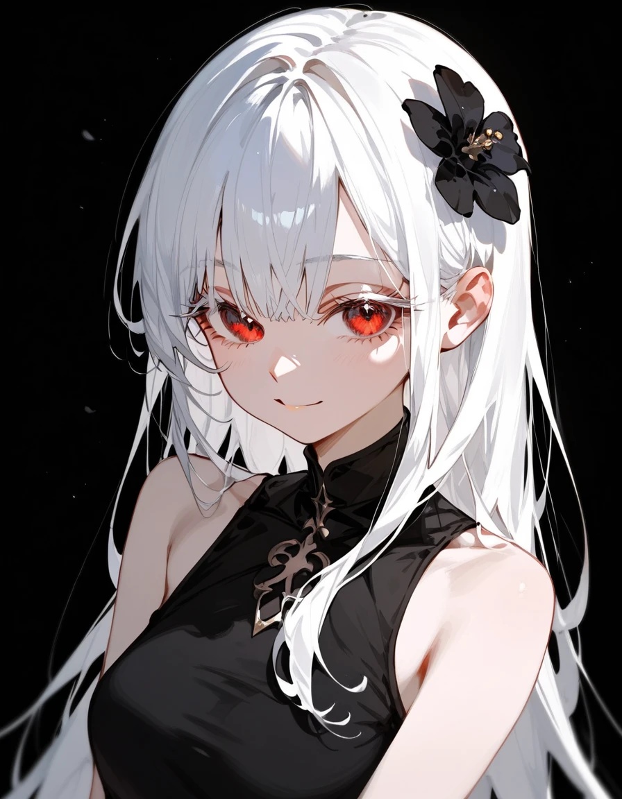 masterpiece, best quality, ultra-high-detailed, happy smile, white hair, red eyes,long hair wavy , small breast, looking to viewer, deep eyes, glare eyes, black dress, eyeshadow, makeup, bare shoulder, Gothic, emo , focus to face, black background, just face, necklace, front side, focus to viewer