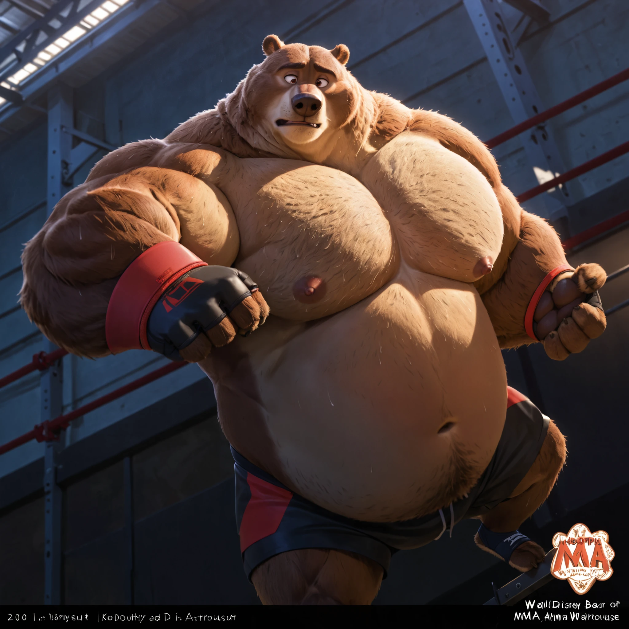 Solo, 1boy, Muscular Old, grunting, frustration glare, focus, look at viewer, wide shoulder, pectoral, thick arms, huge pectoral, wide pectoral, brown nose, height: 220cm, weight: 440lbs, a Kodiak brown bear in a black MMA shorts with red slits, wearing an MMA gloves with red knuckle pads and an ankle support brace as he workouts in the gymnasium warehouse, Walt Disney 2D Zootopia Animation Art Style,
