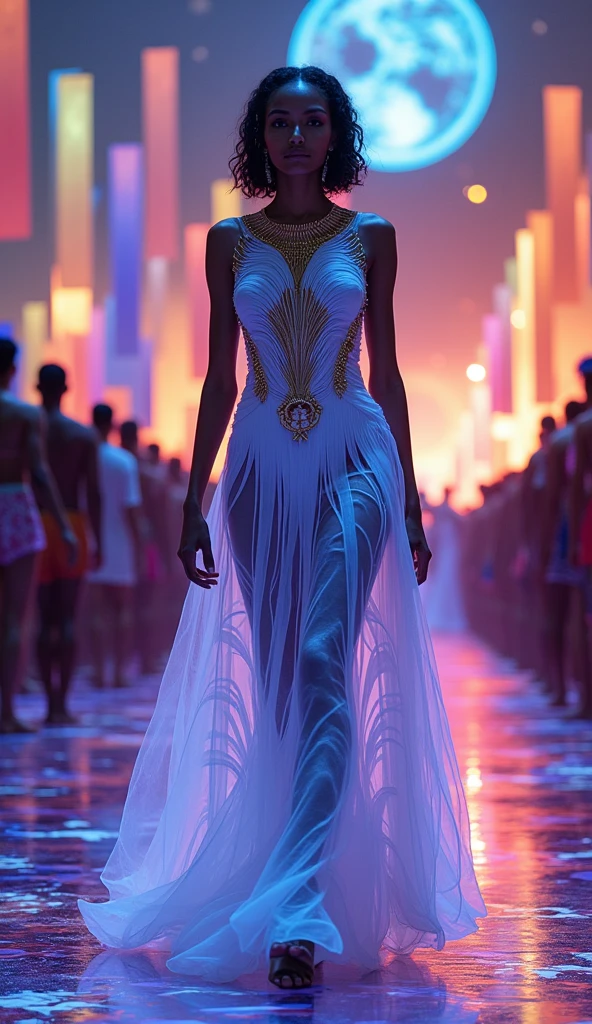 “NOVA UTOPIA: TEMPLE OF BODIES”
Concept:
The heart of the utopian celebration.
Hundreds of dancers and muses form a human vortex of color, fashion, sweat, and light.
She, the central figure, is the torchbearer — the one who brings elegance to the chaos.
Her gown moves like prophecy. Her presence is magnetic.
All around her: high fashion. Wild choreography. Divine energy.

📍 Scene:
An enormous open-air techno cathedral built into a cliffside by the sea.
The floor is covered in luminous tiles that react to contact, lighting up in unique patterns under each person’s feet.
Around her: rising rings of kinetic structures, sound pillars, aerial acrobats, and an ocean of people dancing like flames.
Above: fabric banners ripple, suspended in mid-air, catching projections of ethereal faces and sacred symbols.

👤 Lead Performer / Model:
Angolan-Parisian, 25 — regal, sensual, luminous.
Hair: a soft, structured bob with micro-curls woven with thread-thin chains of platinum.
Skin: deep obsidian, reflecting neon streaks like polished onyx.
Face: sculptural, with gold-dusted cheekbones and dramatic indigo eyeliner that extends past the temples.

👗 Look:

Custom Iris van Herpen x Alaïa collaboration gown:
A sculpted high-neck design made of laser-cut silk organza, with winged pleats that flutter with every movement.
The body of the dress is semi-translucent, layered in interlocking textures that mimic soundwaves frozen mid-flight.
Side slits to the hip. Bare back. Every step lets the light pour through like stained glass.
Worn barefoot, toes painted in mirror chrome, a living sculpture in motion.

💎 Accessories:

A shoulder piece by Schiaparelli, gold threads swirling around one shoulder like vines of sound.

Custom Maison Margiela earpiece, shaped like a seashell, glowing with ambient light pulses.

No necklace — her collarbone becomes the canvas, inked with a single line

📸 pose:

🔁 Steadicam pan as she walks through the center, people reaching out, hypnotized — but never in