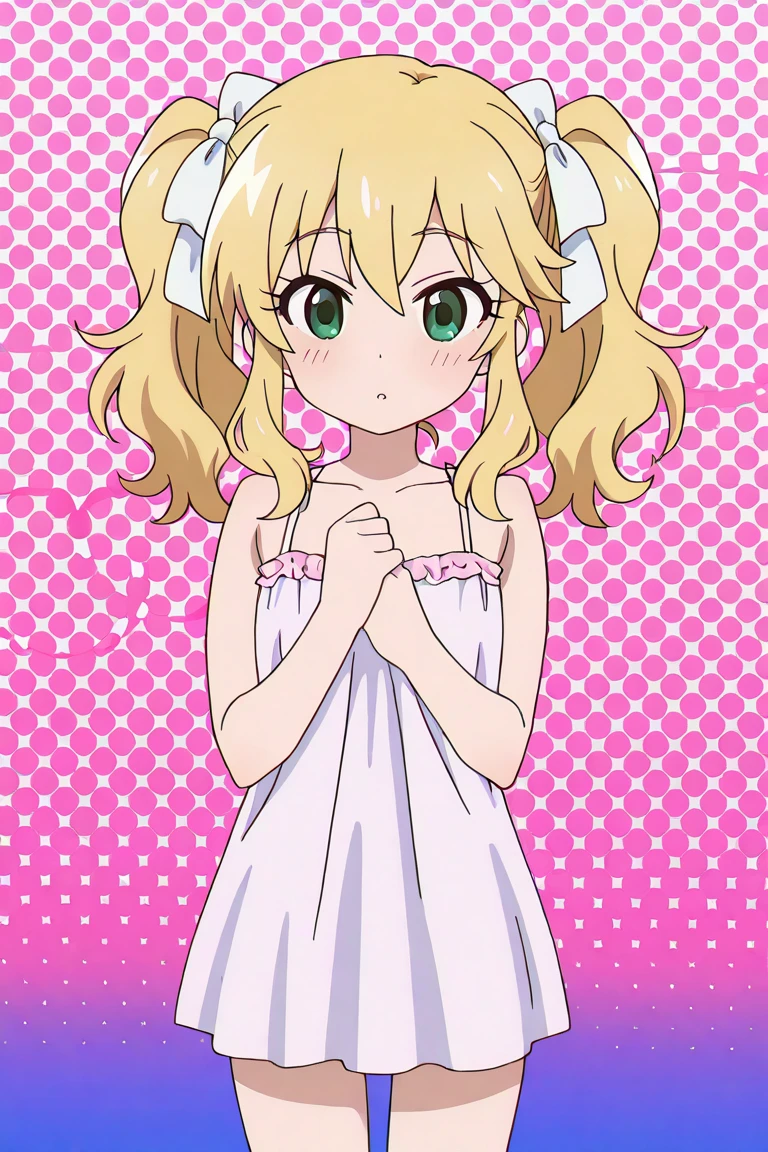 Loli, Blonde hair , pigtails,short dress ,bare shoulders, marked collarbone,lifting the dress, showing panties,from bellow, pink panties