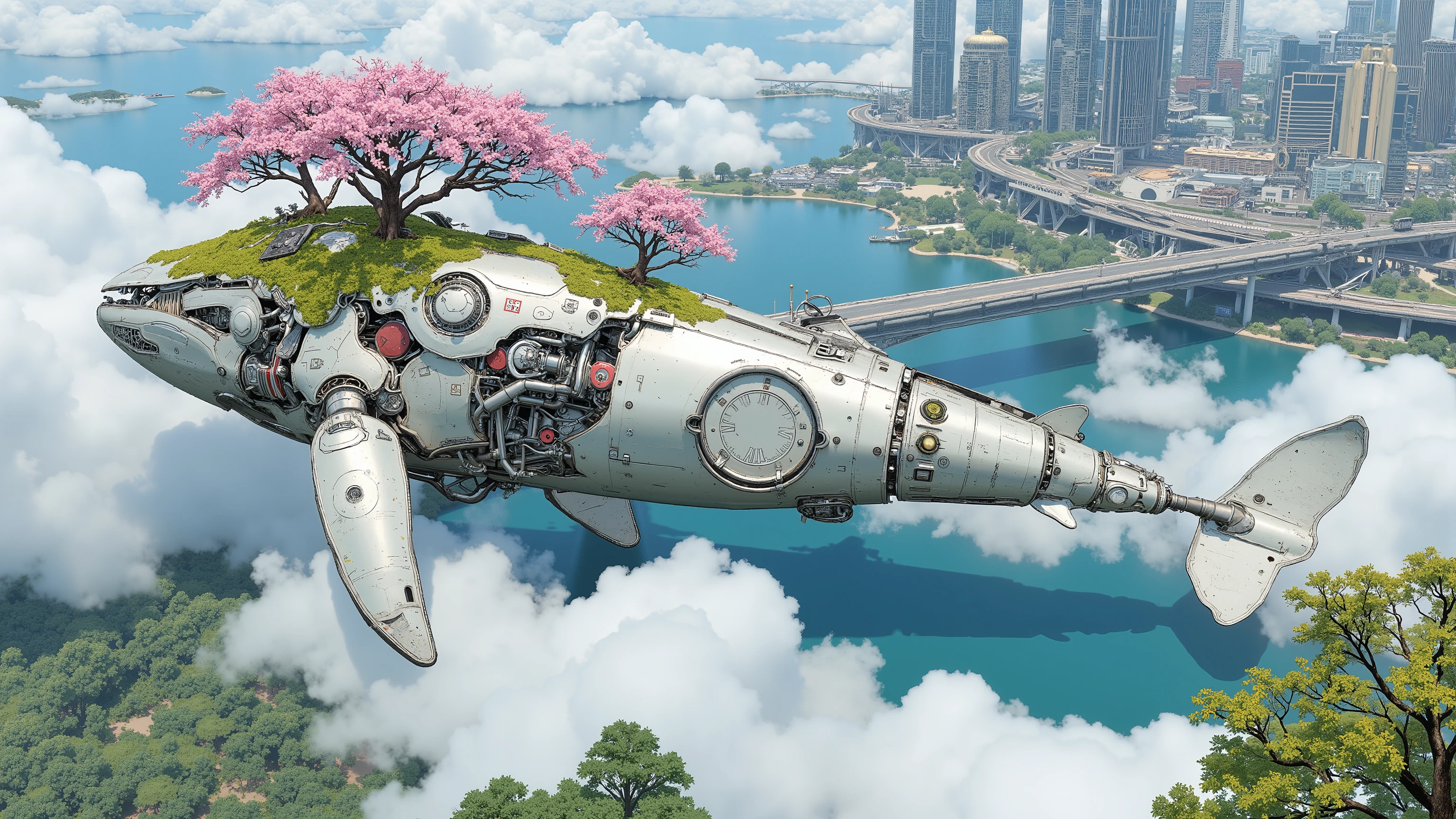 (masterpiece:1.3, top quality:1.3, detailed description:1.3, high quality:1.3),(1huge Robot whale\Metal body, trees of cherry blossom on the whale's back, Beautiful luster, beautiful metal details, precision machinery, moss growing, There are buildings and houses and parks and lakes and mountains, A very developed city, The city is depicted in crisp detail, Bird's Eye View, Bird's Eye View:1.5), (A mechanical whale gracefully swims between a futuristic floating city and a sea of clouds, The developed city floating in the air is depicted with extremely clear details, featuring skyscrapers and highways., whale swims in the sea of clouds)