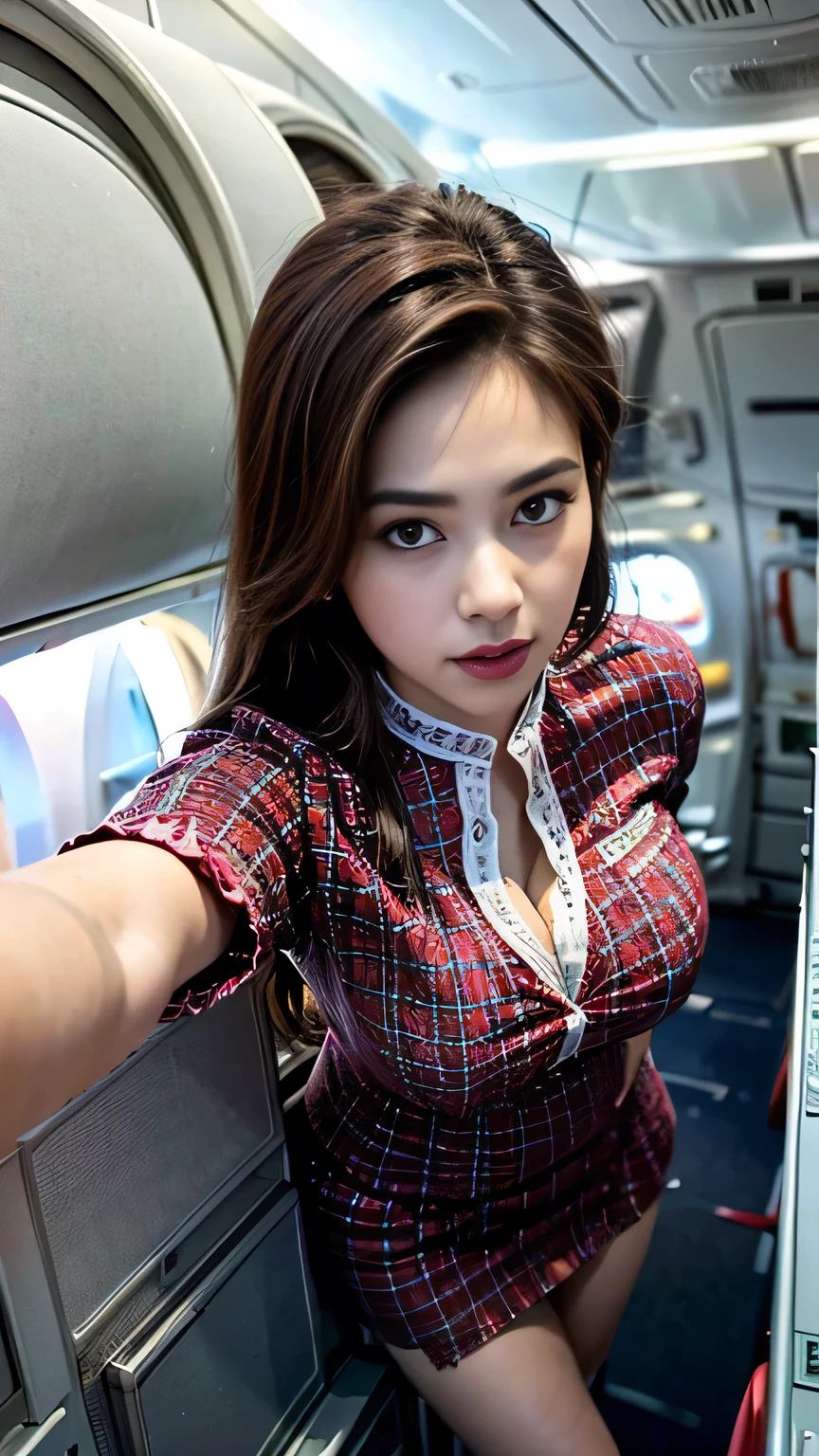 1 woman, 20 years、hyperdetailed face、Detailed lips、A detailed eye、double eyelid、(Ponytail with bang hair、Smiling as you walk slowly down the aisle)、(Stewardess uniform:1.2)、(Glamorous body)、(Colossal tits)、thighs thighs thighs thighs, Perfect fit, Perfect image realism, Background with: (Business Class aisle on airplanes:1.2), Cowboy Shot, In-depth background, detailed costume, Perfect litthing、Hyper-Realism、(Photorealsitic:1.4)、8K maximum resolution, (​masterpiece), highly detailed, Professional, butt facing camera, waist shot, (spreading legs 1.5)