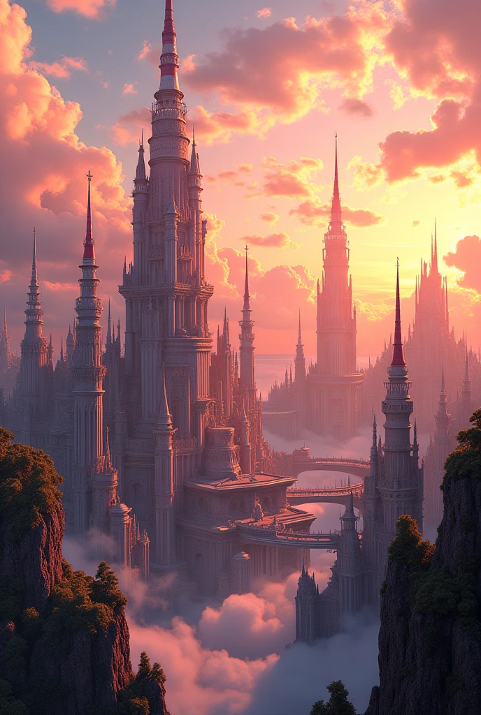 A fantasy city with a sunset background blends perfectly with a modern city.
