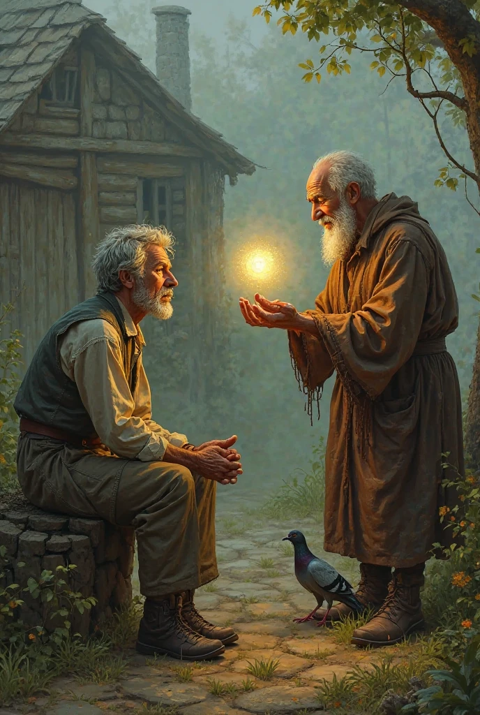 The farmer is sitting tired, an old beggar stands, holding a magic seed that shines brightly in his hand, and he smiles and gives the seed to the farmer. The pigeon looks at the seed in surprise.