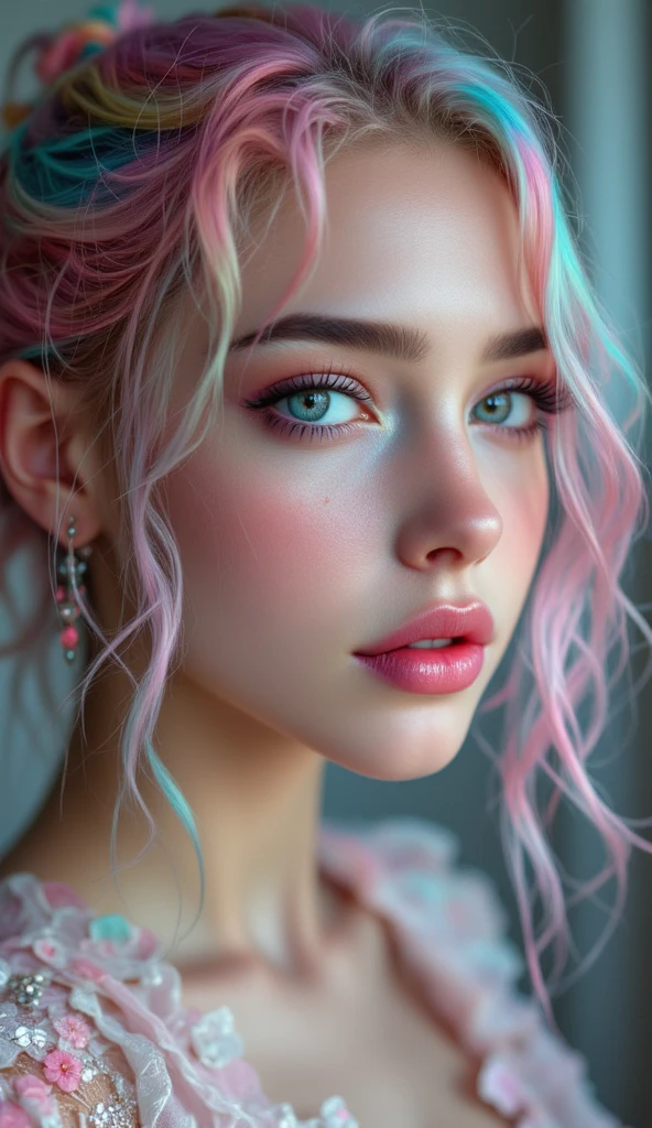 ((Top Quality, highest resolution,  8,000, Precise , accurate body, Precise hands , Accurate feet)), ((full body photo)), Rainbow Hair,  silver eyes , pink lips,  Sparkling Lips, She's a beautiful girl，has a beautiful , her height is 175 cm, She's practicing wearing gorgeous dresses as a model, Her shoes are special heels, she has excellent walking skills, , accurate model, A beautiful smile is an added bonus