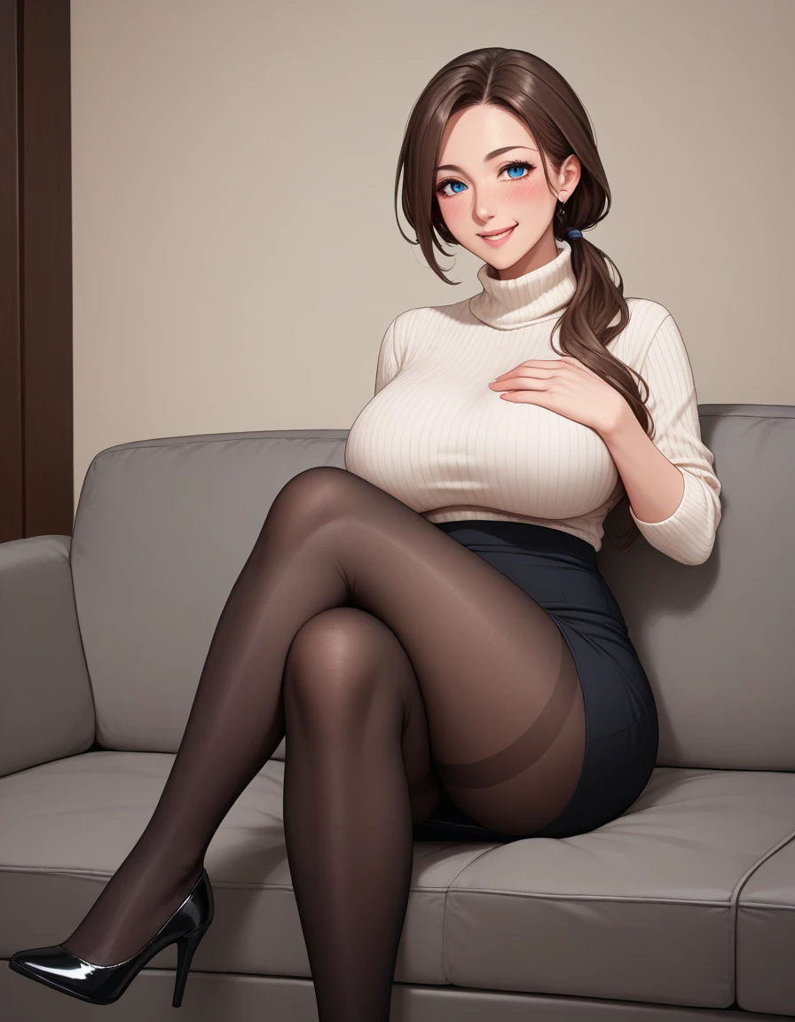 Young sexy wife has long dark wavy hair with bangs and is wearing a skimpy sexy black dress with ultra sheer high gloss pantyhose tights and Christian Louboutin high heels, (((she is kneeling and lifting her dress to expose the crotch of her shiny sheer pantyhose, sheer pantyhose cameltoe crotch))), she has 2 men that are standing beside her with their jeans down and their cocks out by her head, she touches the man’s thigh that is standing beside her in jeans and sneakers and looks at her husband (viewer) for approval, POV man likes to watch his wife with other men, their is a Christmas tree and realistic Christmas decorations in the background, UHD, photorealistic