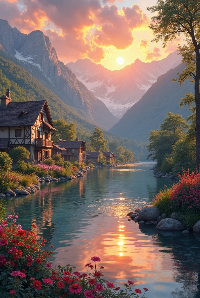 a small village by the river, mountains in the background, floral flowers colorful, detailed landscape, Beautiful natural landscapes, atmospheric lighting, scorching sunset, warm colours, practical, photopractical, Detailed Foliage, complex buildings, cobblestone street, Charming country house, swirly vibrant colors, lush vegetation, Still water reflections, Picturesque, idyllic, work of art, best qualityer, 8k, extremely detaild,anime styling