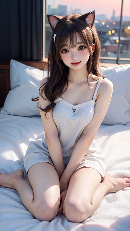 Japanese,6 years old,Baby Face、Ultra-flat chest、Ultra short height、An innocent smile、Flat Chestのクローズアップ、Flat Chest:1.85、cute,Kindergarteners,Pink naked apron、So small and so young、On the bed:1.85、She gives me a good morning kiss:1.85、She spread her arms