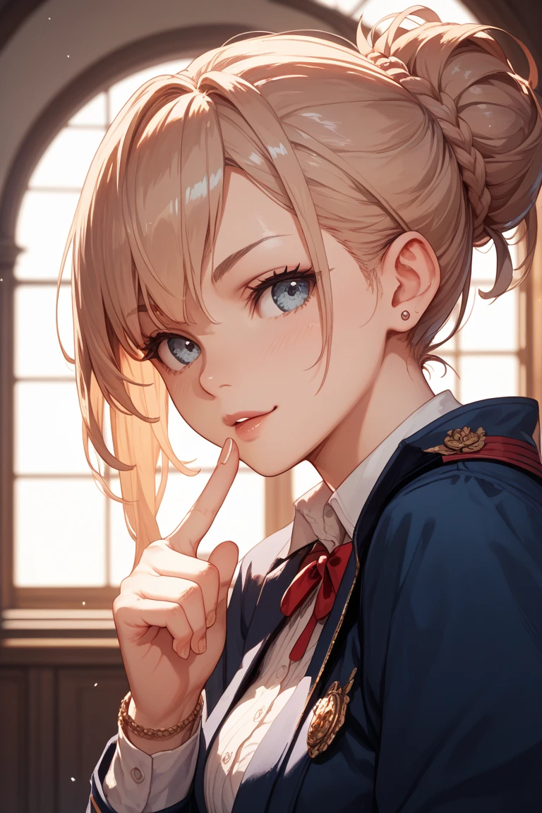 Sabo-san holds up the index fingers of both hands and brings them to the side of her face