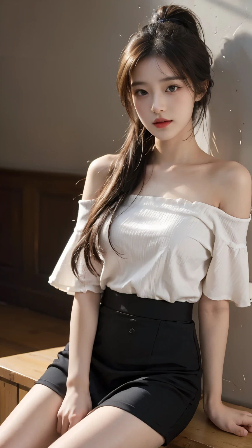absurdres, RAW photo, extremely delicate and beautiful, masterpiece, Best Quality, ultra high resolution, 32k, hyperrealistic, ultra-detailed, perfect anatomy, super Detailed skin, perfect figure, Super Beauty, Perfect Style, Perfect balance, Beautiful Lighting, Perfect Lightning, Realistic Shadows, 20 years old, very Slim body, narrow waist, very small head, very small face, delicate facial features, handsome detailed woman, very detailed eyes and face, realistic face proportions, Realistic beautiful face, Realistic beautiful eyes, tearful mole, earring, very huge round breasts, legs, medium hair, asymmetrical hair, full_body_shot, indoor, school_uniform, short skirt, bare foots,