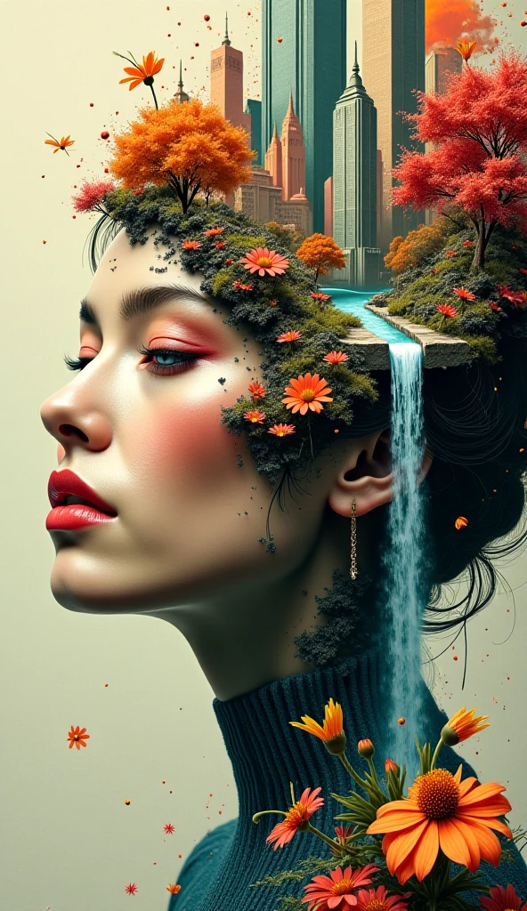 This digital artwork combines a female portrait with an abstract surreal landscape, influenced by Art Deco and Art Nouveau styles. Her face, incredibly detailed, is fragmented, replaced by a futuristic Art Deco-style city, a sparkling waterfall, and surreal flowers reminiscent of Art Nouveau motifs. The contrasting colors and textures create a dynamic visual symphony, a stunning aesthetic explosion. The sharp geometric shapes of Art Deco blend harmoniously with the organic lines of Art Nouveau, balancing structure and freedom. The composition forms a complex visual narrative, inviting interpretation of hidden meanings. Imagine a groundbreaking abstract 3D effect: the elements have rich depth and texture, shadows play between the cracks of the face and the landscape, creating a stunning alternate reality. This work is not just an image, but a visual experience that stirs the imagination, uniquely reflecting the influence of Art Deco and Art Nouveau.