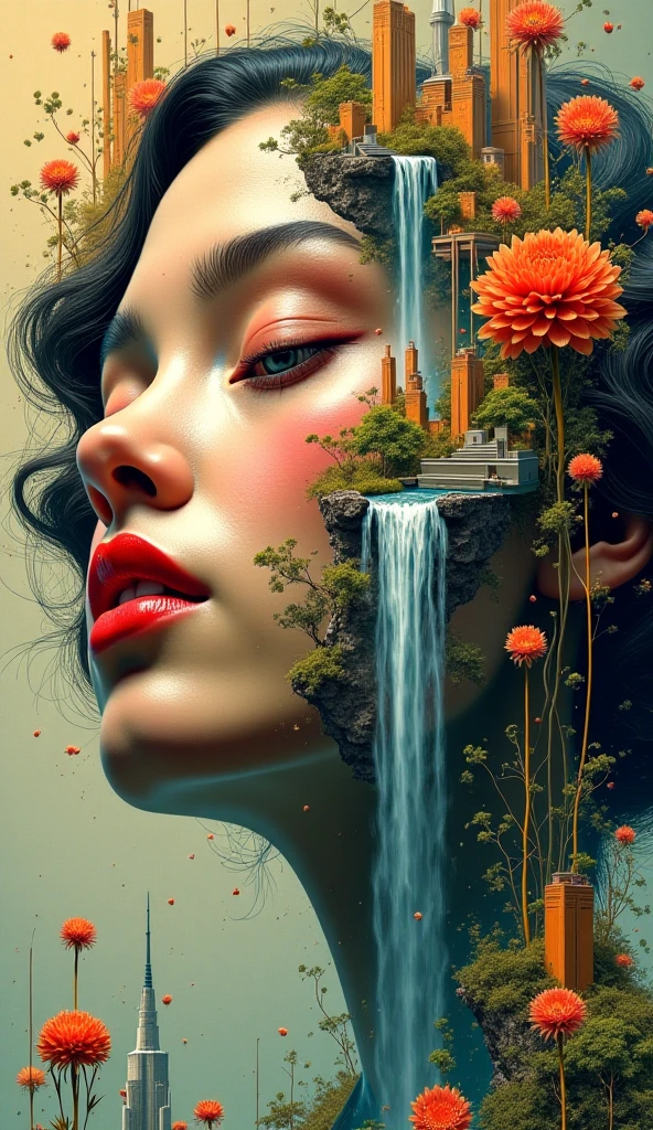 This digital artwork combines a female portrait with an abstract surreal landscape, influenced by Art Deco and Art Nouveau styles. Her face, incredibly detailed, is fragmented, replaced by a futuristic Art Deco-style city, a sparkling waterfall, and surreal flowers reminiscent of Art Nouveau motifs. The contrasting colors and textures create a dynamic visual symphony, a stunning aesthetic explosion. The sharp geometric shapes of Art Deco blend harmoniously with the organic lines of Art Nouveau, balancing structure and freedom. The composition forms a complex visual narrative, inviting interpretation of hidden meanings. Imagine a groundbreaking abstract 3D effect: the elements have rich depth and texture, shadows play between the cracks of the face and the landscape, creating a stunning alternate reality. This work is not just an image, but a visual experience that stirs the imagination, uniquely reflecting the influence of Art Deco and Art Nouveau.