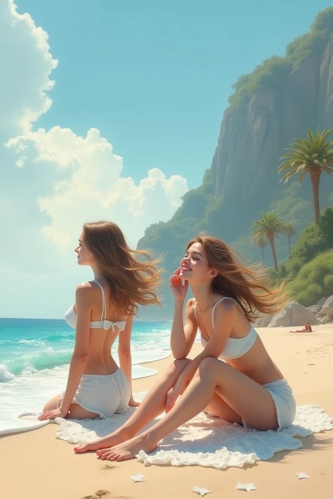 couples friends on the beach, one lesbian and one normal