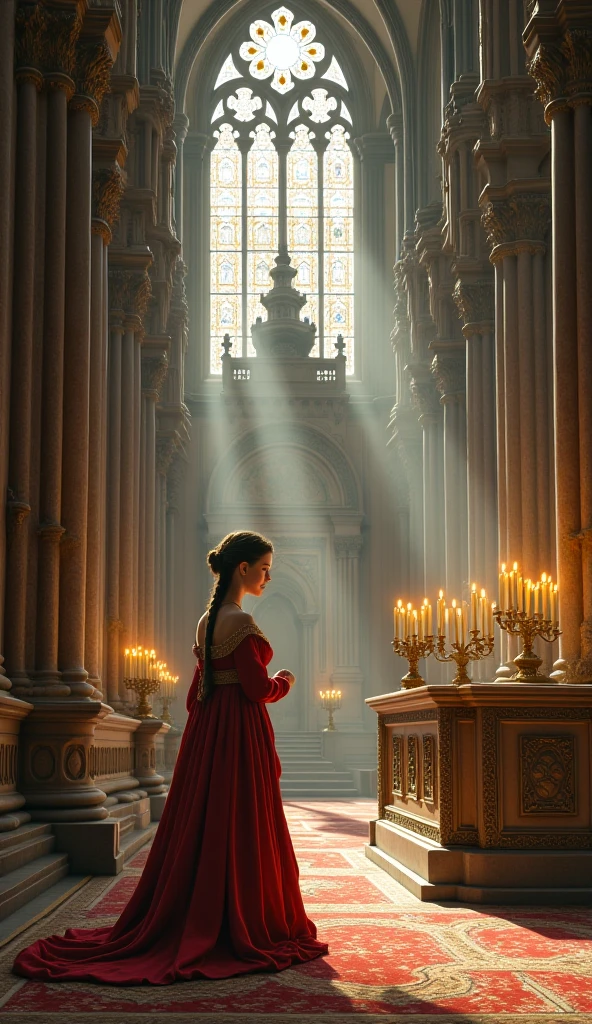​A serene scene of young queen Isabella in prayer within a cathedral, emphasizing the importance of introspection and faith.​