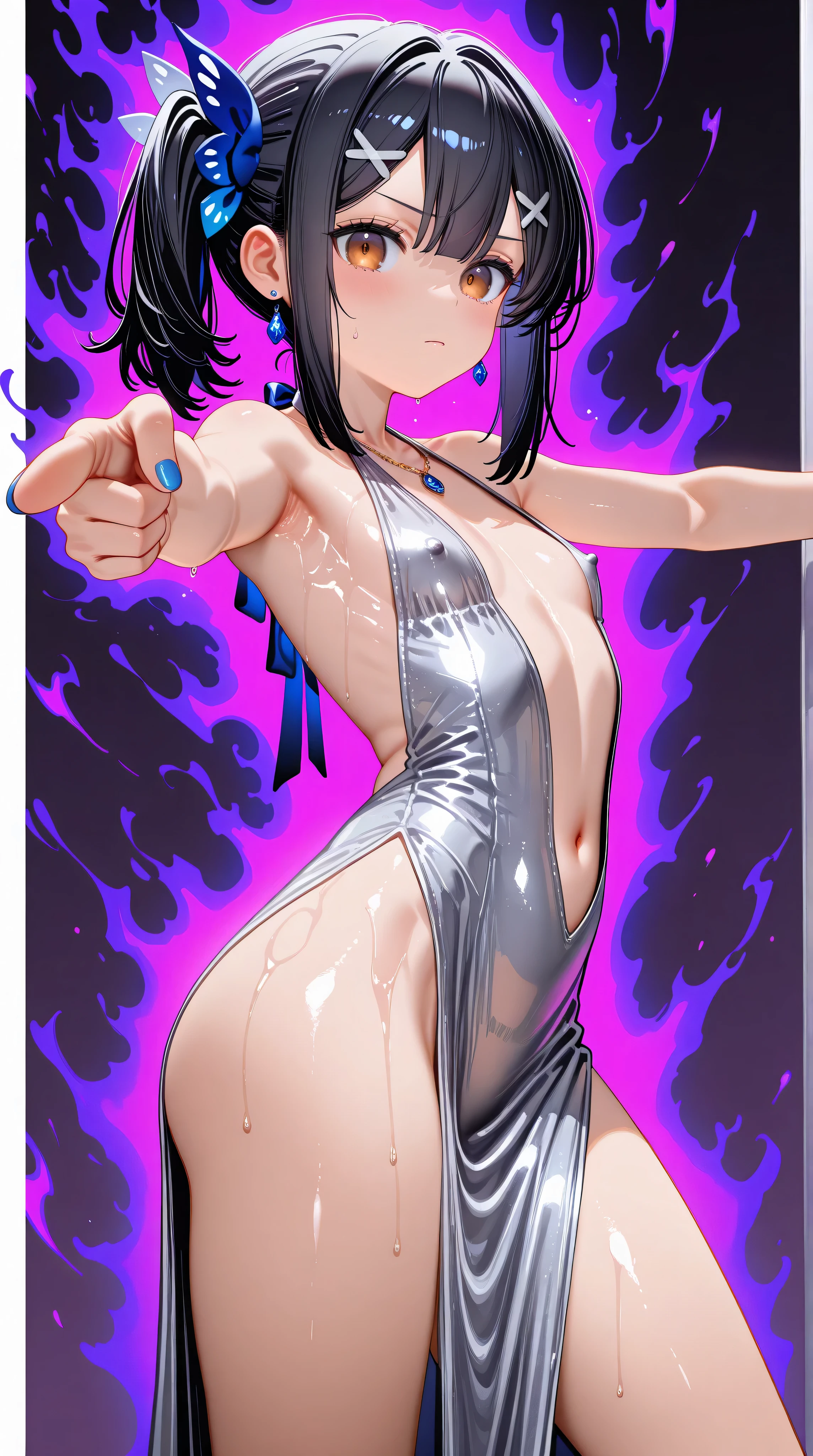 1girl,(Miyu Edelfelt),loli,toddler,petite,cute face,black hair,brown eyes,serious,solo,colored skin,erect nipples, jewelry, dress,necklace, bangs,x hair ornament, bare shoulders, side ponytail, halterneck, plunging neckline, sidelocks, halter dress, backless outfit, silver dress, nail polish, backless dress,closed mouth, blush, revealing clothes, earrings, hairclip, sweat,evening gown,j0t4r0,both hands pointing, from side, looking at viewer, jojo pose, standing,legs apart,center opening,navel,thighs, blue nails, flat_chest, official alternate costume, hair between eyes, best quality, amazing quality, very aesthetic, absurdres,masterpiece,best quality,newest,highres,absurdres,very awa,shiny skin,(artist:loika:0.5),(artist:xiaoshou xiansheng:0.8),artist:rin31153336,artist:gawako,(oiled),purple background, aura, dutch angle, foreshortening,