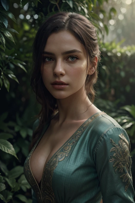 cinematic portrait of a ethereal female figure,detailed facial features,captivating gaze,flowing ethereal dress,dramatic lighting,fantasy scenery,lush garden background,magical atmosphere,intricate detail,vibrant colors,highly detailed,masterpiece,8k,photorealistic,cinematic lighting,dramatic shadows,moody tones