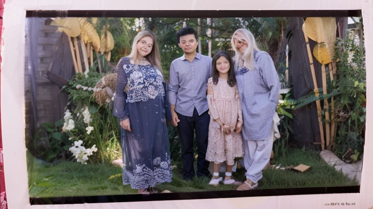 create an old family photo with 10 people in the family, one family person is giant and very strong and is twice the height of the others, they are Latino, height as if it were taken by a drone --auto --s2