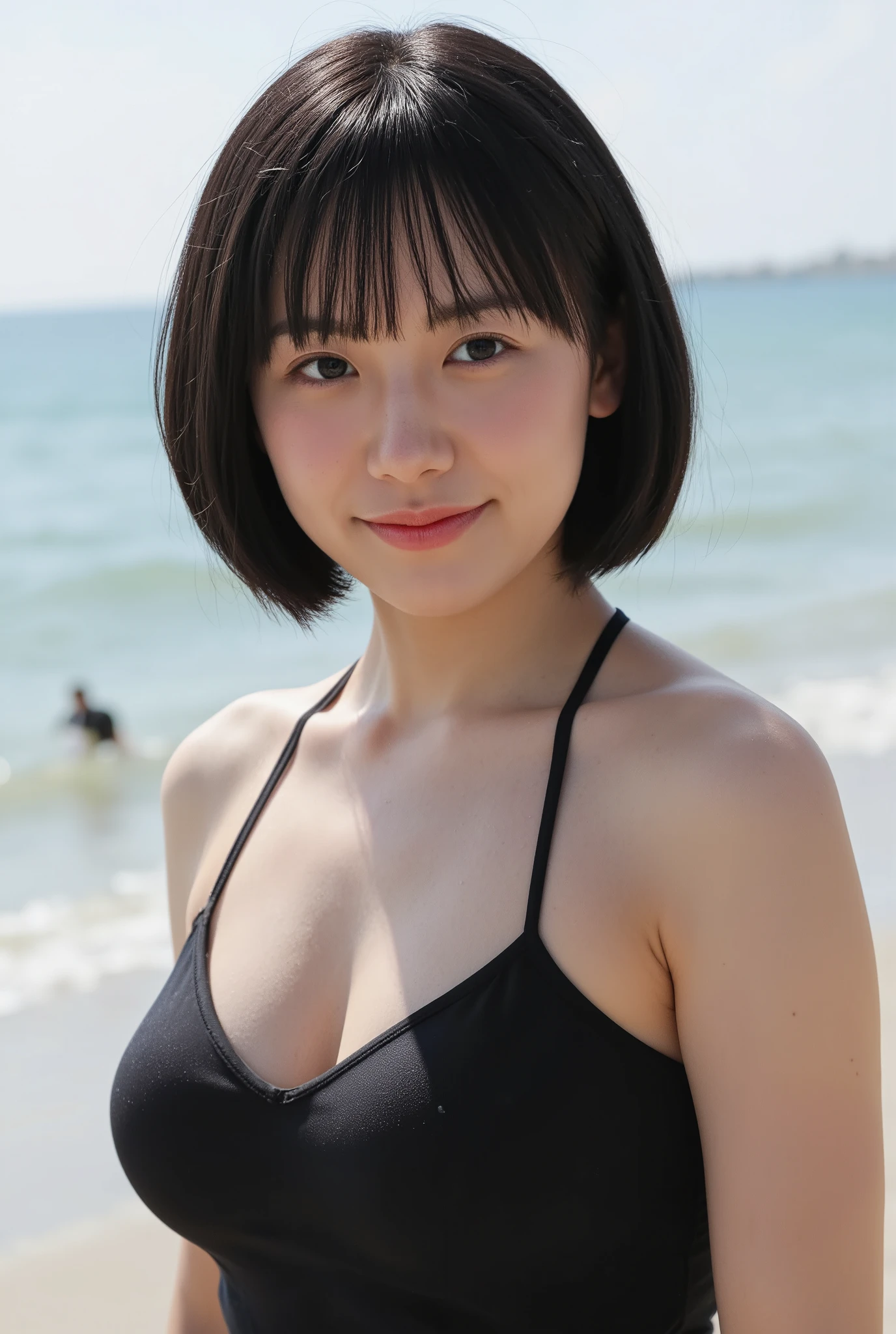 (mature adult woman wearing a leotard1By people),beautiful black hair,(((short bob hair))),With bangs,((Short Hair)), realistic person images in dark waters,Realism,Best Quality,mastepeice,Top Quality,best image quality,highest resolution,fine details,Beautiful detailed face,black eyes,((realistic skin)),detailed background,( Exact Upper Body),(perfect upper body),(upper body),((Realismのある肌)),(smiles),((((super big )))),((((they are staring at me up close)))),((((At the beach)))),((((Large breasts))),((((in a sexy bikini)))),(((outdoor))),(((Wearing a bikini naked))),((((At the beach)))),(((large size breasts))),(((They're staring at me up))),(((The cleavage))),(((Emphasize Cleavage))),((((Show off your beautiful stomach)))),(((Beautiful belly button))),