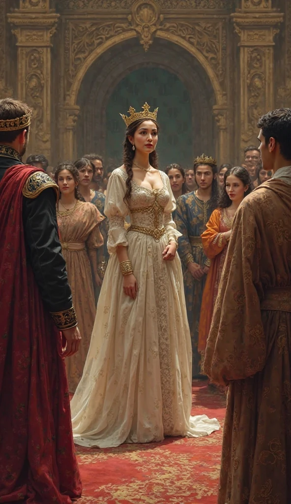 young queen Isabella addressing her court, with diverse subjects present, showcasing her role in fostering unity and understanding.​