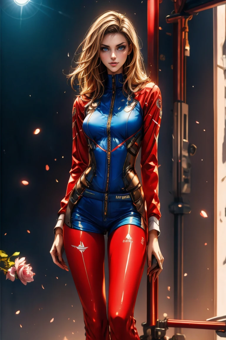 A full-body, ultra-detailed semi-realistic digital painting of a mature Polish woman in her early 40s, with a tall, toned, graceful figure that reflects classic Central European elegance. Her proportions follow a 10-heads-tall fashion model silhouette, with a modestly full bust, narrow waist, and long, shapely legs. Her posture is upright and relaxed, with a soft hip tilt that exudes calm confidence. Her skin is fair with a soft white tone and cool undertone, glowing naturally.
Her facial features are sharply defined—high cheekbones, a long straight nose, and a V-shaped jawline. Her eyes are almond-shaped, elongated, and slightly upturned at the outer corners, creating a cool, fox-like gaze beneath delicately arched brows. Her lips are medium-thin with a well-shaped Cupid’s bow, shaded in muted rose. Her makeup is clean and cool-toned: sculpted taupe eyeshadow, soft smoky shading below the eyes, and highlight accents to enhance her bone structure.

She wears a sleek race queen outfit inspired by the Polish national colors: a red and white zip-up crop top with silver trim and subtle structure, paired with an ultra-short asymmetrical skirt featuring red and white blocks and integrated black sponsor logos. Thigh-high white boots with red stripe accents and fitted red fingerless gloves complete her athletic, aerodynamic look. The suit reflects ambient light with a smooth, synthetic sheen and patriotic tone.

Her long blonde hair is sleek and waist-length, center-parted and naturally styled, flowing cleanly down her back without bangs or accessories.
She stands at a modern Polish racetrack with crisp architectural lines, national flags in soft focus, and cinematic cool lighting that highlights her confident, modern silhouette.
Masterpiece, best quality, semi-realistic, 8K resolution, cinematic lighting, hyperrealistic portrait, finely detailed, detailed eyes, soft fabric texture, cyber-race queen aesthetic.