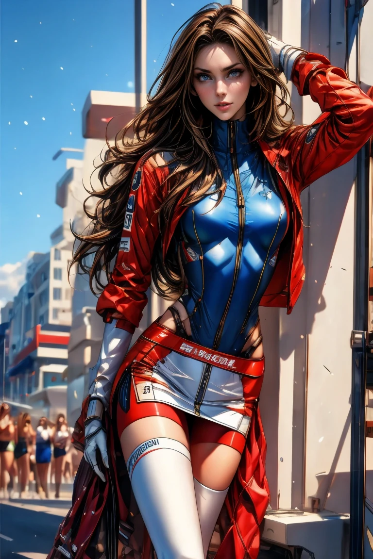 A full-body, ultra-detailed semi-realistic digital painting of a mature Croatian woman in her early 40s, with a tall, slender yet toned figure that reflects natural Mediterranean elegance and athleticism. Her proportions follow a 10-heads-tall fashion model silhouette, with a modestly full , narrow waist, elongated limbs, and long, shapely legs. She stands with graceful posture and a relaxed stance, projecting confidence and poise.

Her skin is lightly sun-kissed with a warm beige tone and a soft glow. Her  features are a refined blend of Adriatic sharpness and softness—defined cheekbones, a slightly arched nose, and almond-shaped hazel-green eyes that give a calm, knowing expression. Her lips are natural and full, slightly curved in a gentle smirk. Her makeup is subtle yet precise, featuring a neutral rose matte lip, light golden eyeshadow, and soft eyeliner that adds depth without overpowering.

She wears a modern race queen outfit with Croatian influences: a cropped zip-up top in red and white checkerboard pattern, referencing the national motif, paired with a sleek, ultra-short white  trimmed in red. The outfit includes small sponsor markings and silver piping for a clean motorsport edge. Glossy red thigh-high boots and matching fingerless gloves complete the ensemble, blending bold color and modern flair.

Her chestnut brown hair is straight, silky, and long, parted at the center and flowing down naturally to her waist. It frames her back and shoulders with polished simplicity, with no bangs or accessories, enhancing her composed and elegant impression.

She stands trackside near a bright, sunny race venue, with elements of white stone walls and soft Croatian coastal light. The background is subtly blurred to highlight her refined beauty and sporty charisma.

Masterpiece, best quality, semi-realistic, 8K resolution, cinematic lighting, hyperrealistic portrait, finely detailed.