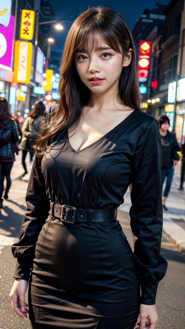 (1 lady), (Best quality at best:1.4), (ultra - detailed), (extremely detailed CG unified 16k), A Beautiful Woman with Perfect Figure: 1.4, Sharp Focus: 1.2, very detailed, High-definition RAW color photo, professional photoshooting, amazing face and eyes, cosmetics, (amazingly beautiful girl), ((asuka)), ((gray color clerk uniform)), standing, sexyposture,(Dark and stylish urban landscape, city lights, city lights:1.3), (look from down), realistic cinematic face, head to feet long wide zoomed out view, full body long view, photorealistic, ((realistic natural redhair style, blue eyes, long hair)), gorgeous, extremely beautiful face, perfect model beauty, pout mouth, Highly Detailed Face and Skin Texture, Detailed Eyes, Double Eyelids, Big Breasts, Smile, cleavages, western, (masterpiece), best quality, high resolution, extremely detailed, blurred background, depth of field, cinematic lighting, amazing legs, high heels, clear and well-cared skin, (((focus on the woman instead of background))), (perfectly drawn hands, fixed hands)