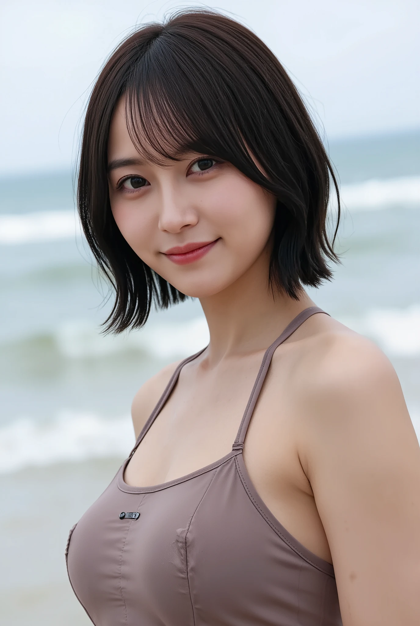 (mature adult woman wearing a leotard1By people),beautiful black hair,(((short bob hair))),With bangs,((Short Hair)), realistic person images in dark waters,Realism,Best Quality,mastepeice,Top Quality,best image quality,highest resolution,fine details,Beautiful detailed face,black eyes,((realistic skin)),detailed background,( Exact Upper Body),(perfect upper body),(upper body),((Realismのある肌)),(smiles),((((super big )))),((((they are staring at me up close)))),((((At the beach)))),((((Large breasts))),((((in a sexy bikini)))),(((outdoor))),(((Wearing a bikini naked))),((((At the beach)))),(((large size breasts))),(((They're staring at me up))),(((The cleavage))),(((Emphasize Cleavage))),((((Show off your beautiful stomach)))),(((Beautiful belly button))),