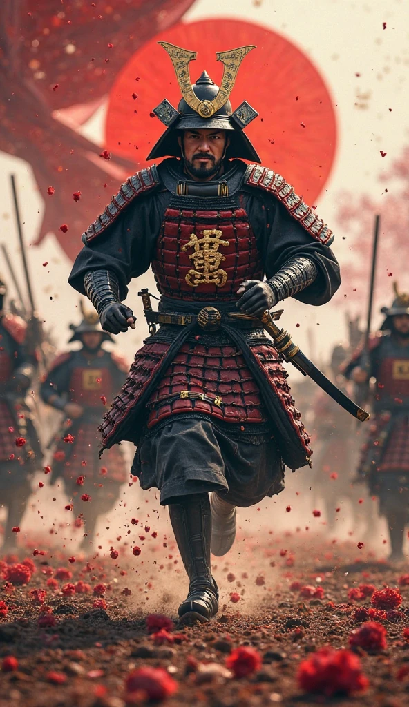 Ultra realistic full-body image of a Japanese samurai warrior during the Sengoku period (16th century), sprinting into battle across a bloodstained field, wearing full o-yoroi armor in black and crimson lacquered plates with golden clan crest (mon) on the chest,  expression calm but deadly, distinctly Japanese features — narrow almond eyes, angular jawline, short tied black hair under a kabuto helmet with horned crest. He holds a raised katana in one hand and a tachi sword on his back. His sode shoulder guards bounce as he runs. Behind him, ashigaru ry rush forward with yari spears, a massive red sun banner (hinomaru) waves in the wind, traditional war drums echo in the background, cherry blossom petals fall amidst smoke and fire. Ancient Japan, unmistakable and majestic.