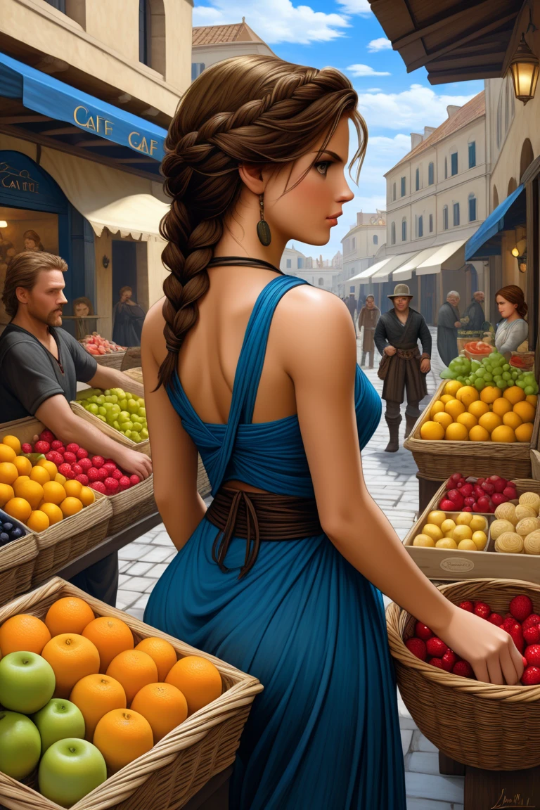 Lara Croft, Tomb Rider, as The Soul of the Rose by JOHN WILLIAM WATERHOUSE and Rafal Olbinski, looking back ,A young brunette stallholder, hair curly in a braid, buying fruit at an open-air market, Van Gogh Café Terrace at Forum Square background