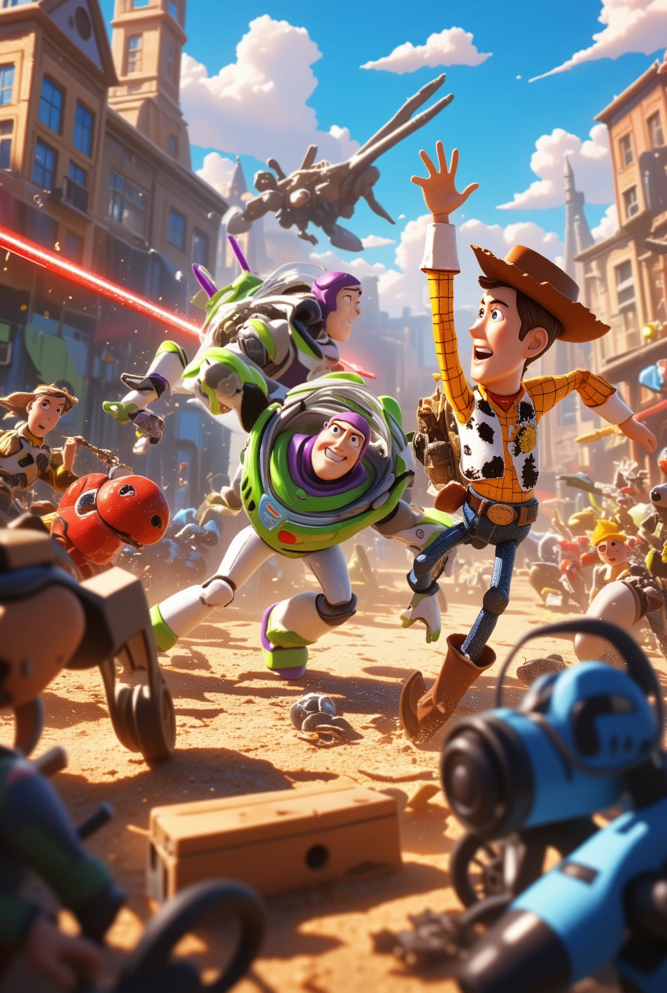 masterpiece, Best Quality, details, ミクロワールド, disney anime movie, Toy stories, buzz, woody, micro toy figthers, battle with 