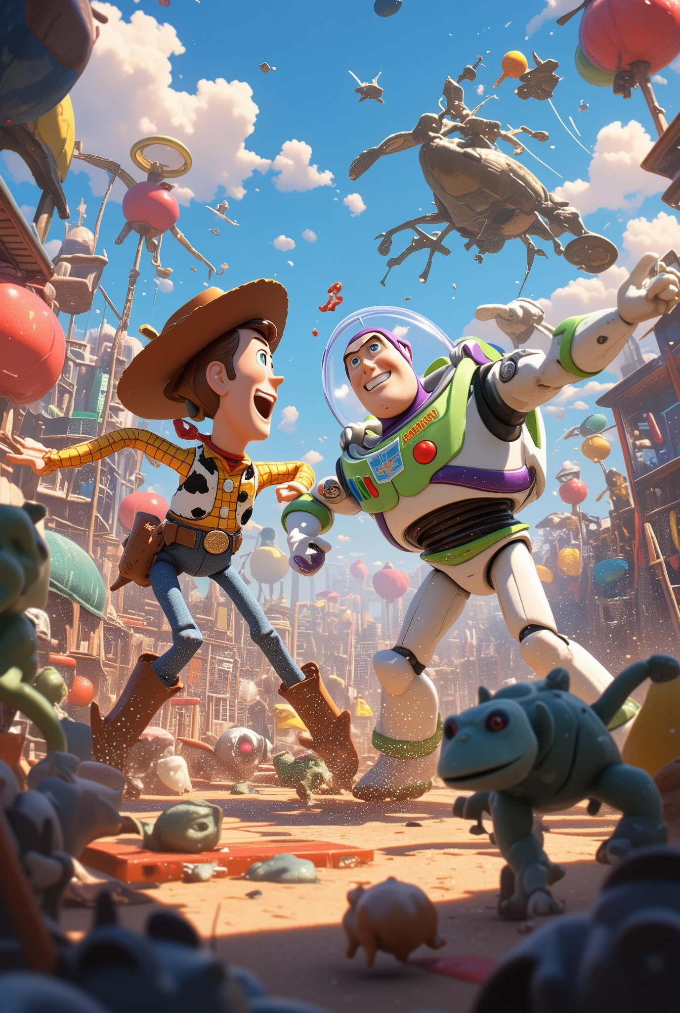 masterpiece, Best Quality, details, ミクロワールド, disney anime movie, Toy stories, buzz, woody, micro toy figthers, battle with 