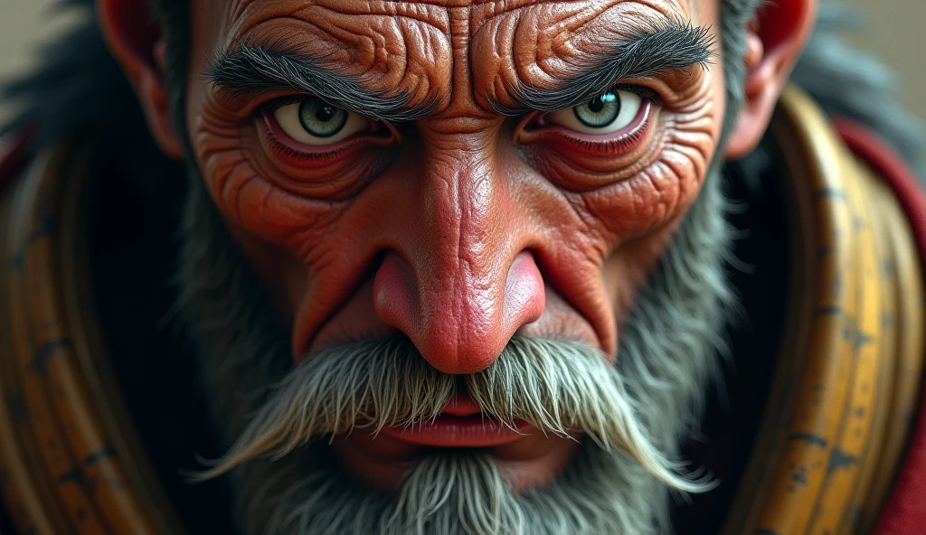 
A close-up of an ancient king with teary eyes, emotional expression, humble setting around him, touched by wisdom, spiritual emotion in face