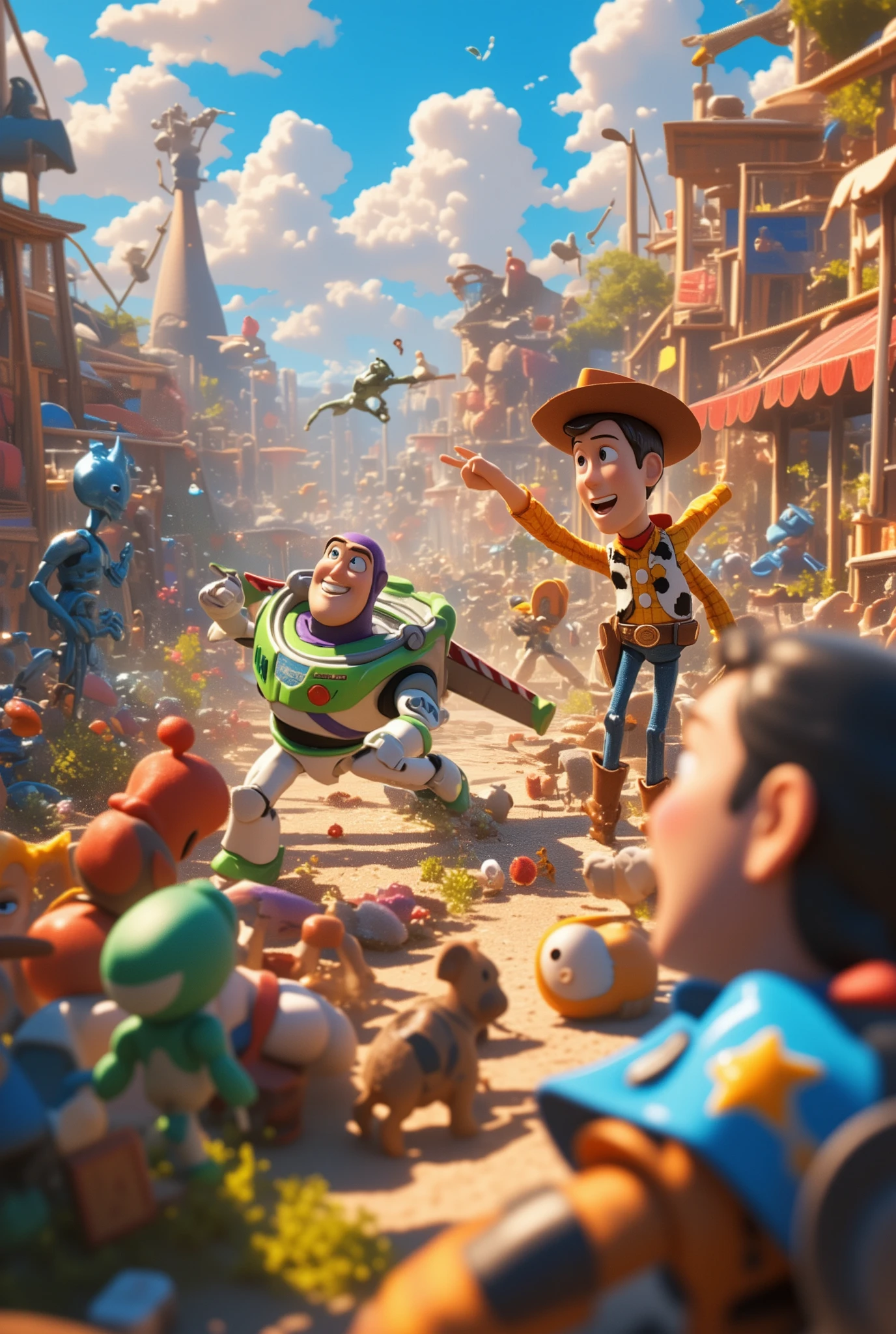 masterpiece, Best Quality, details, ミクロワールド, disney anime movie, Toy stories, buzz, woody, micro toy figthers, battle with 