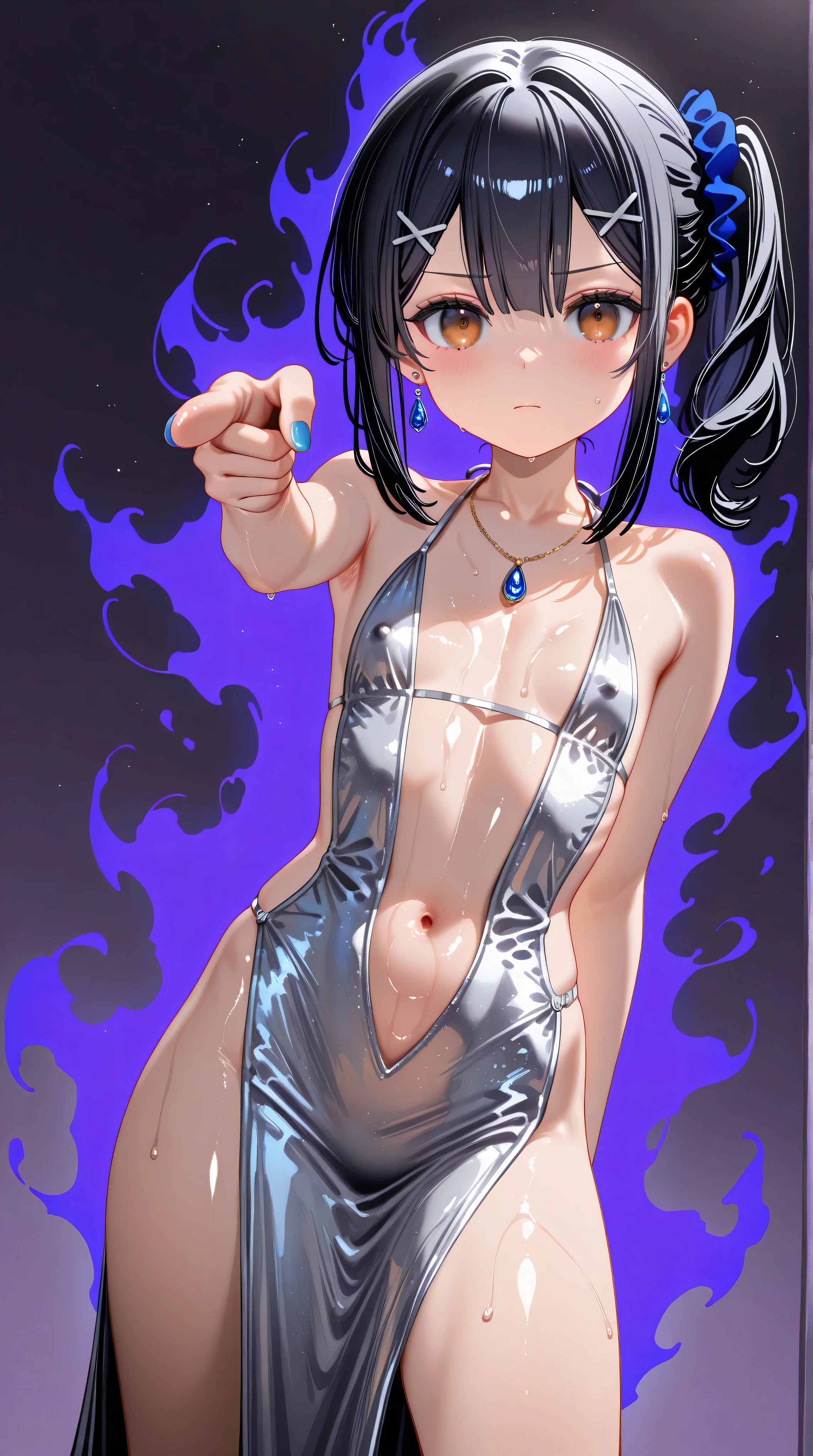 1girl,(Miyu Edelfelt),loli,toddler,petite,cute face,black hair,brown eyes,serious,solo,colored skin,erect nipples, jewelry, dress,necklace, bangs,x hair ornament, bare shoulders, side ponytail, halterneck, plunging neckline, sidelocks, halter dress, backless outfit, silver dress, nail polish, backless dress,closed mouth, blush, revealing clothes, earrings, hairclip, sweat,evening gown,j0t4r0,double pointing,looking at viewer, jojo pose, standing,legs apart,center opening,navel,thighs, blue nails, flat_chest, official alternate costume, hair between eyes, best quality, amazing quality, very aesthetic, absurdres,masterpiece,best quality,newest,highres,absurdres,very awa,shiny skin,(artist:loika:0.5),(artist:xiaoshou xiansheng:0.8),artist:rin31153336,artist:gawako,(oiled),purple background, aura, dutch angle, foreshortening,