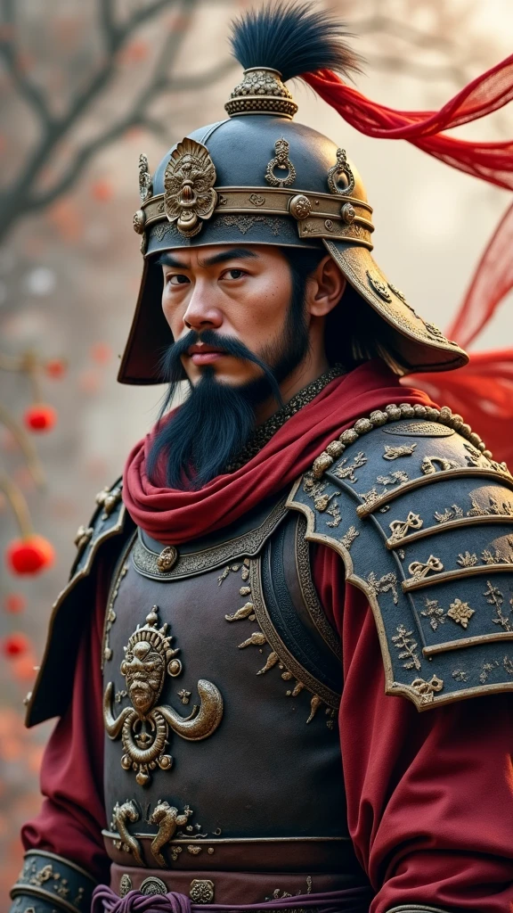 oriental、man in ancient chinese armor、Ancient Chinese man wearing leather helmet、 three kingdoms 、 multiple warlords 、Highest quality、mahakarya、ultra high resolution、(realistis:1.4)、Poster Game、Clear and beautiful image quality、
