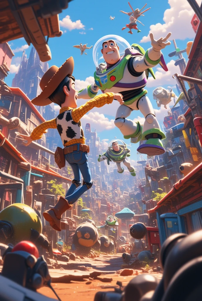 masterpiece, Best Quality, details, ミクロワールド, disney anime movie, Toy stories, buzz, woody, micro toy figthers, battle with 