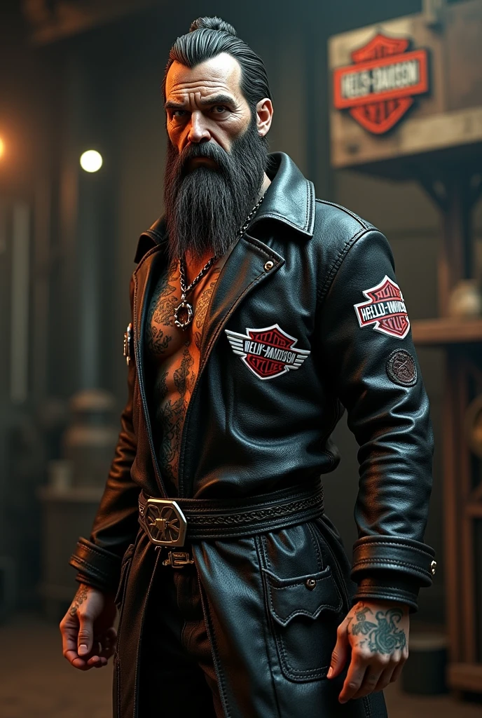 a side view of a muscular man in a long black sleeved leather coat full of metal studs and the massive, tall high collar turned up covering the sides of his face, detailed facial features, extremely detailed muscular physique, chest hair, hairy chest, masculine tattoos, large penis, big cock, masive outline of bulging dong, fierce and intimidating expression, commanding pose, black mohawk, bearded face, clear and sharp lighting, photorealistic, cinematic, hyper-realistic, high quality, 8k, ultra-detailed, physically-based rendering, studio lighting