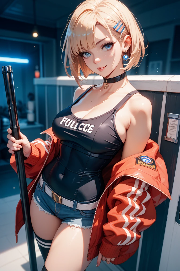 ((Masterpiece, highest quality; 1.3)), super quality, beautiful detail, super detailed, extra fine, 16K, exquisite, absurd, high resolution, beautiful background, detailed background, beautiful eyes, beautiful skin, anime style, Kay from Dirty Pair in a white outfit, tight outfit, cleavage, blonde hair in twin (red and blue) dyed pigtails,beauty, very light blue uniform, wearing tight clothes, skimpy, (mid chest: 1.2), cleavage, cleavage, slim waist , thin waist, slim thighs, thin legs, slim legs. thigh gap, showing stomach, skinny, thin hips, cyberpunk city background, holding retro space gun , headband, 