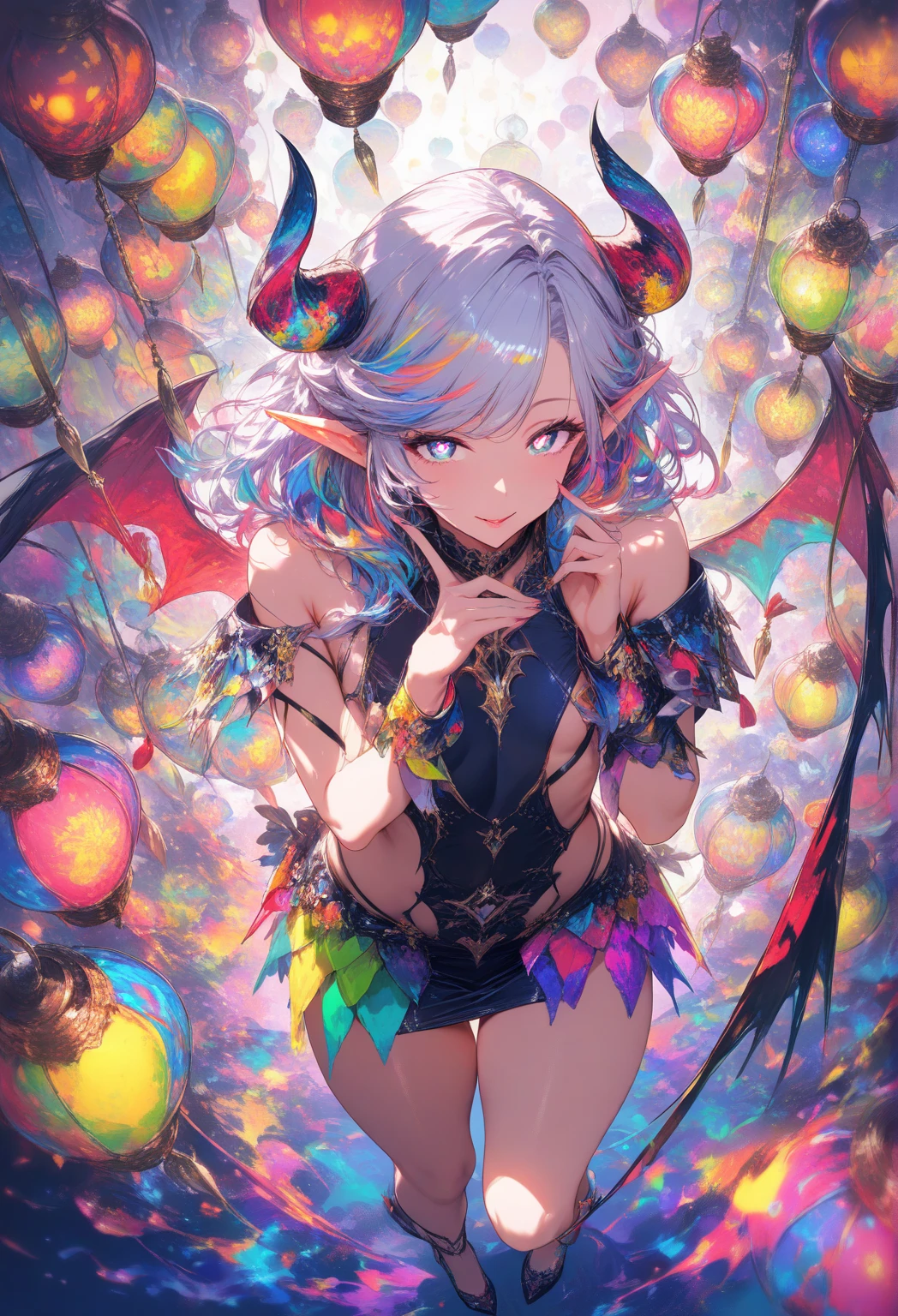 8K,gal，an extremely delicate and beautiful,Beautiful and realistic skin,Shiny jewel-like earrings,Shine like glitter long colorful hair,demon horn,beautiful eyes,tiger pattern bikini,glitter background,full body