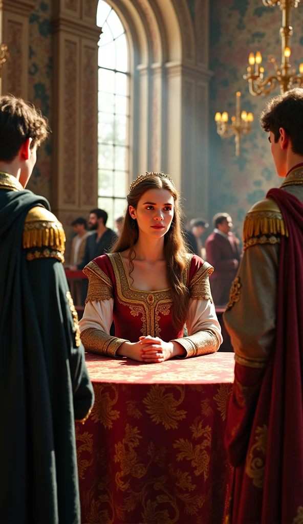 young queen Isabella mediating a dispute between nobles, illustrating her commitment to justice and diplomacy.​