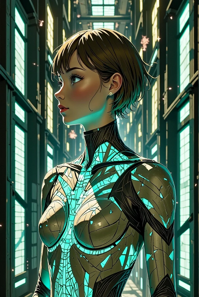 Real futuristic cinematic setting of an elegant android man,  With short hair, radiant eyes, your body covered by traced circuits and vaguely visible internal holographic displays, emitting an intense and rhythmic glow in shades of blue and olive green. When light hits its surface, the body reflects an intense silver glow, illuminating its structure. Traces of light emanate from its edges, forming intricate, aligned patterns that resemble a digital aurora. The background is a dark space station, illuminated by neon, with minimal illumination, ensuring that its luminous and reflective form stands out as the focal point of the scene.