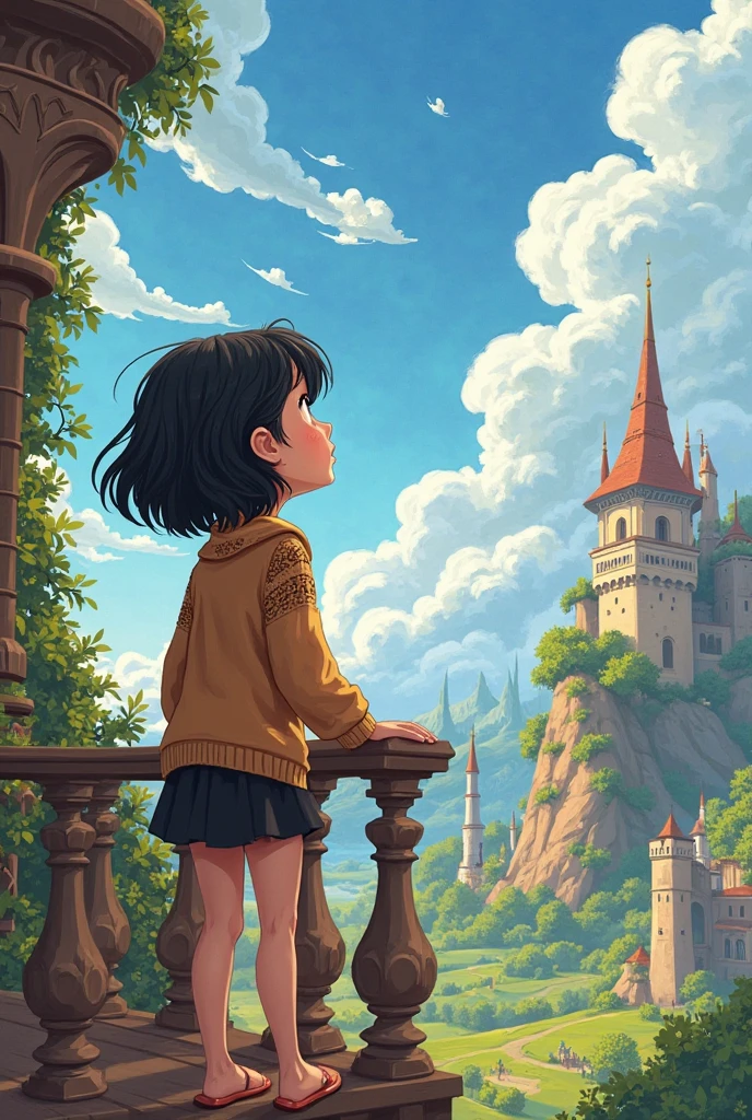 cartoon style of The Tangled Adventures of Rapunzel featuring a black-haired girl with short hair wearing a brown sweater,short black skirts, ,watching the sky from a balcony backwards and from the front