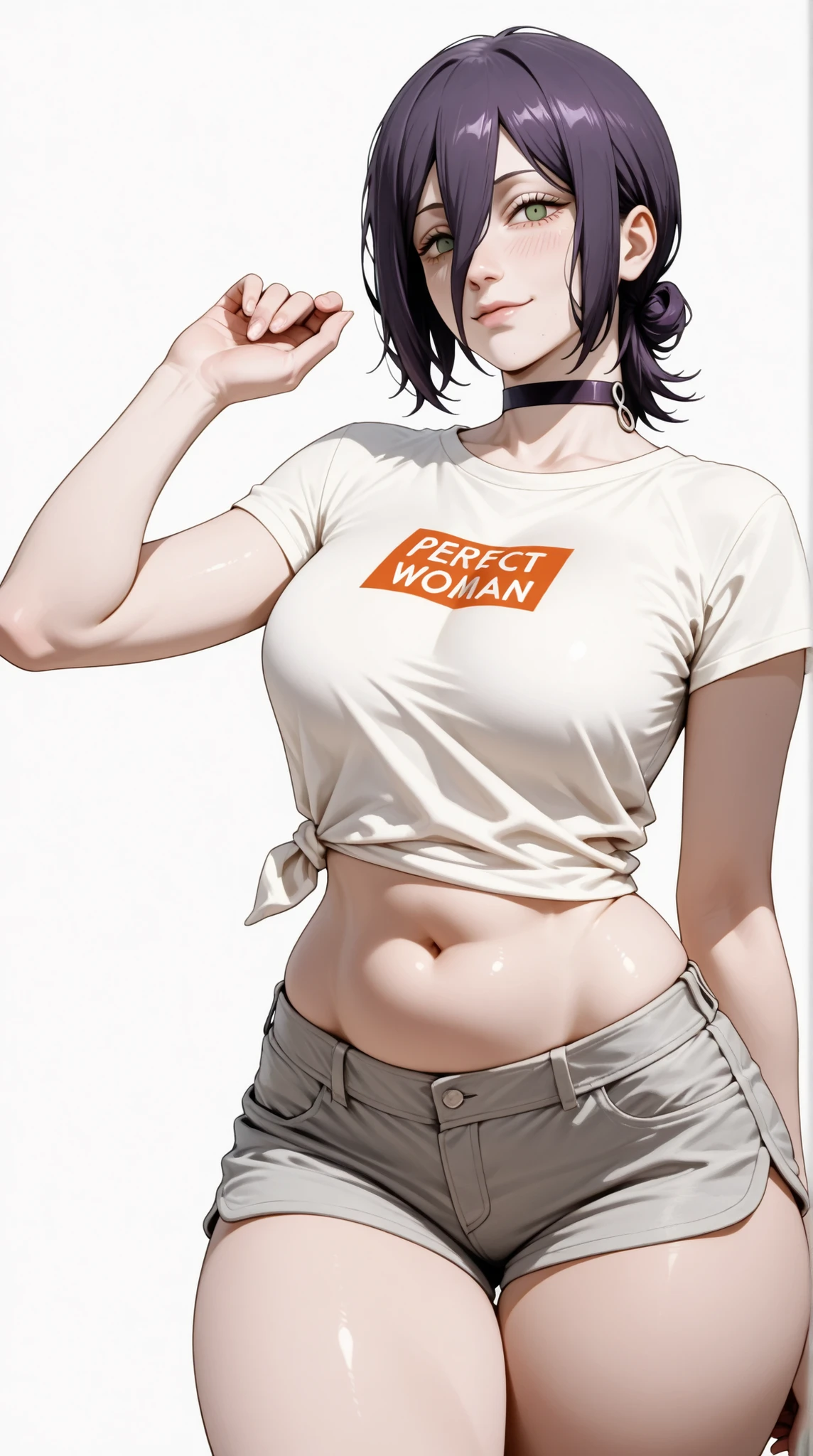 masterpiece, extremely detailed, intricate details, more details, many details, perfect skin texture, 8k, 8k resolution, solo, 1girl, adult,((fullbody)), stand up, reze (chainsaw man), sexy legs, perfect body, large breasts, white t-shirt, grey shorts, housewife, soft light, high detailed, best quality, midriff, navel, navel line, belly, bare belly, sexy, hot girl, hot woman, big breasts, sexy girl, sexy woman, korean face, beautiful, thick thighs, thigh thighs, upper body, t-shirt, beautiful girl, beautiful woman, hot pose, perfect hands, wide hips, expressive, looking at viewers, front look, sexy pose, photography, white plain background, white background, mature, cleavage, girlish face, reze, purple hair, eyebrows hidden by hair, green eyes, hair between eyes, long bangs, short hair, medium hair, cowboy shot,((white plain background))